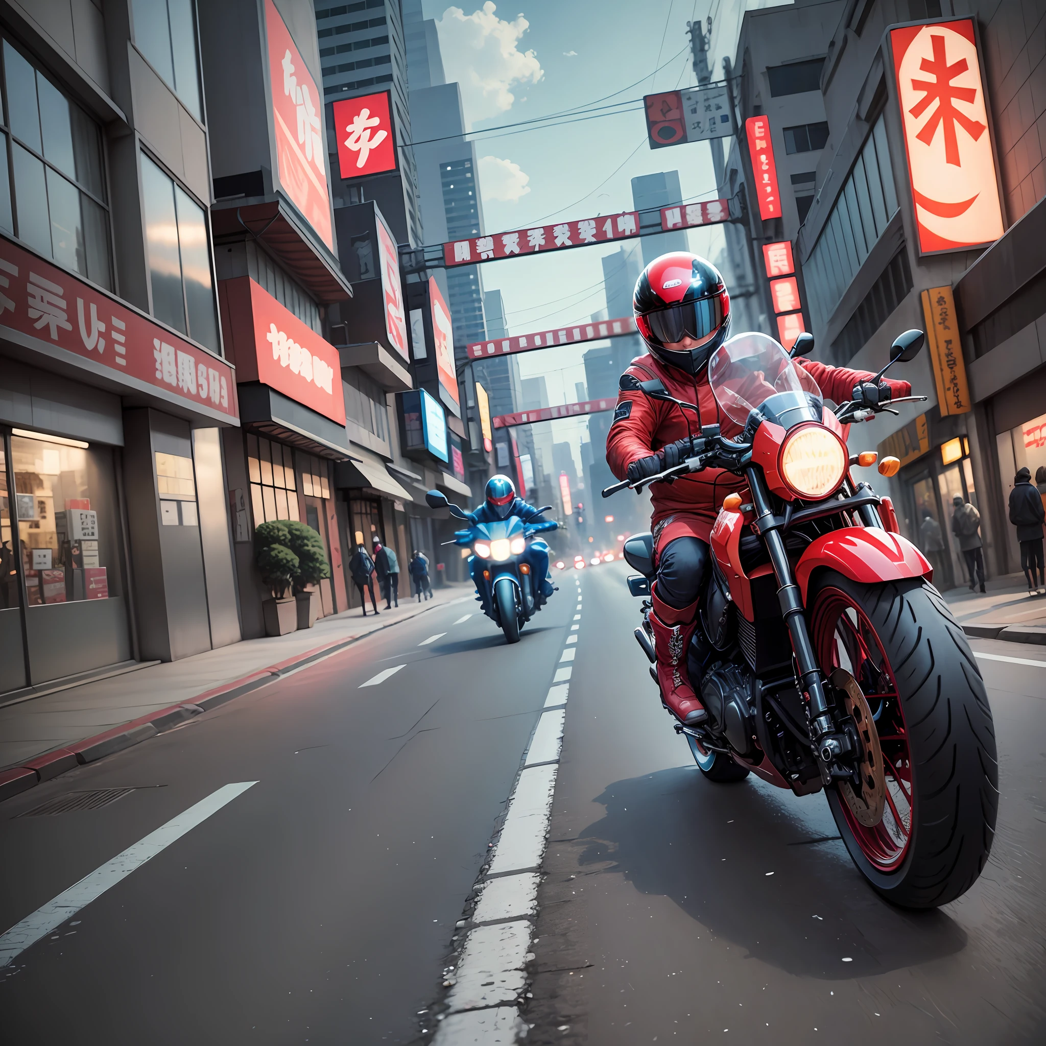 Akira anime, kaneda and tetsuo riiding their motokbikes, 2d anime, cinematic, wide angle on a road, vibrant colors, whymscal, kaneda motobike is Red, he wears cool Google Red learher ckothes and boots,  tetsuo light Blue motkbike, white, they having a good time laughing, style by katshiro otmo, senseation of speed and time lapse, neo Tokyo, pos apolapitic world. --auto --s2