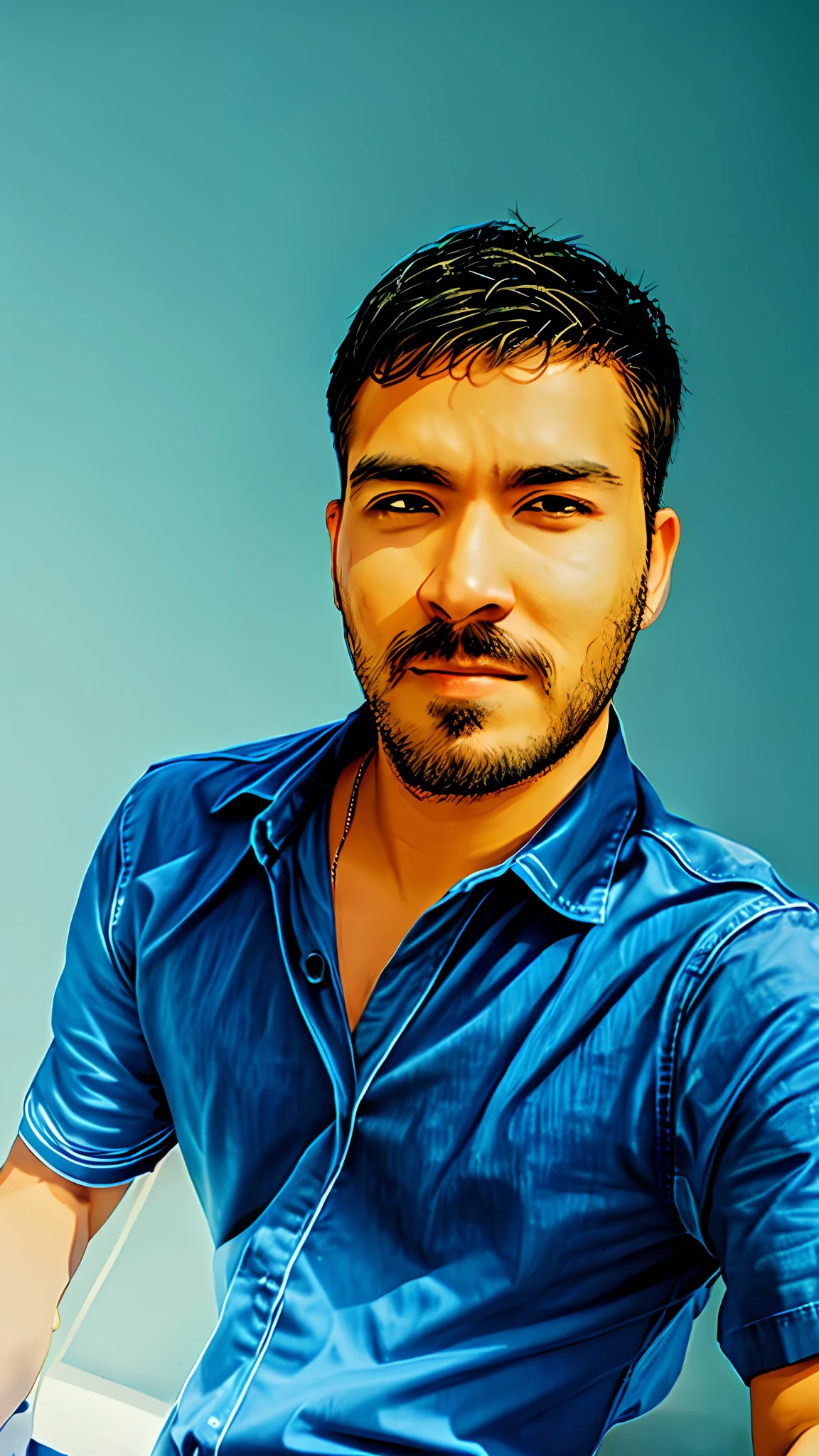 man in blue shirt sitting with hands on hips, anime, realistic animation style,