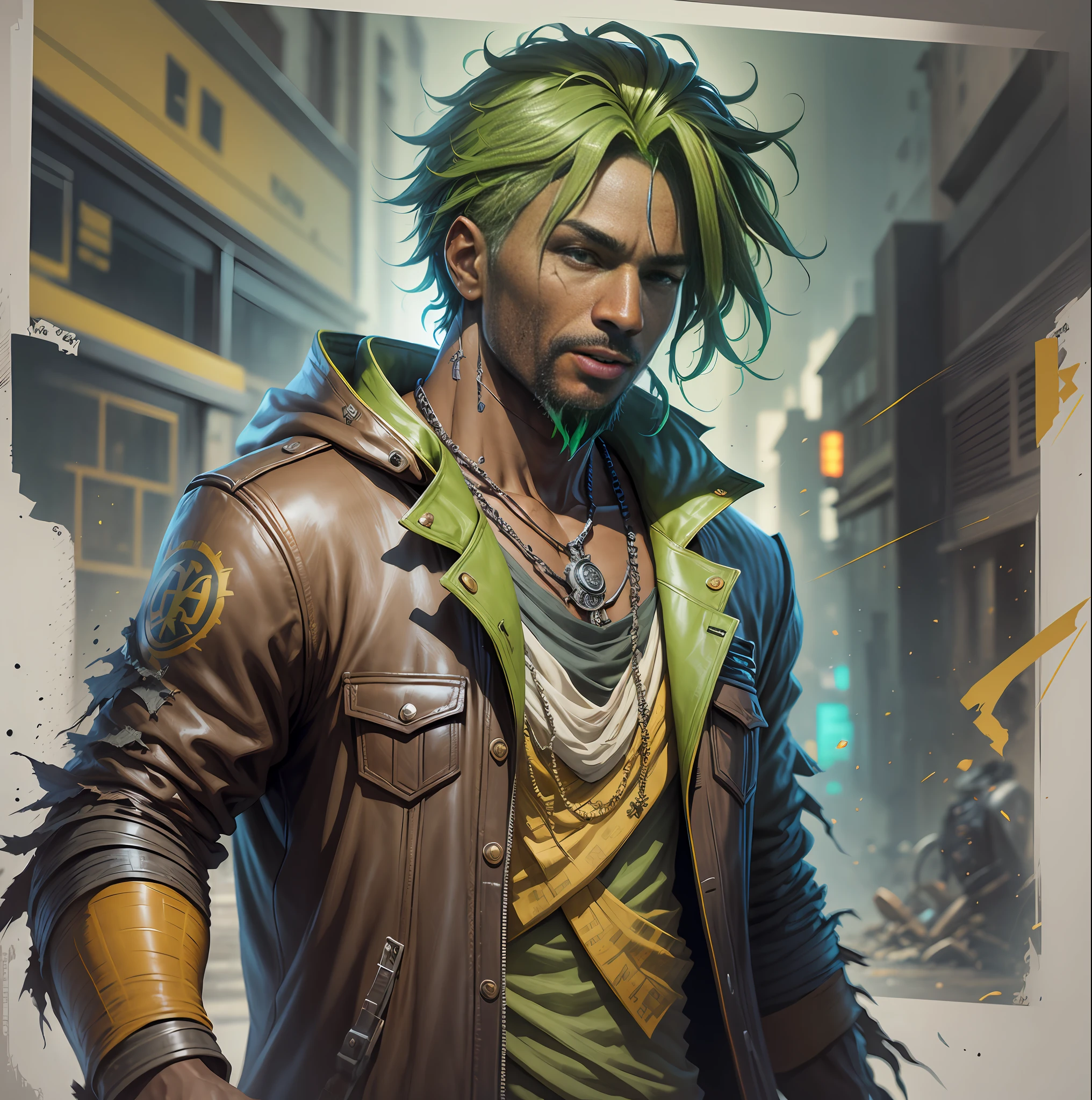 Create a DC comics style character, a man, hair blooming color, brown skin, different from those that exist, well detailed, tattered clothes, fortnite style scenery, high quality in details, looking at the front of the screen, green hair flake, clothing with green details, all well detailed.