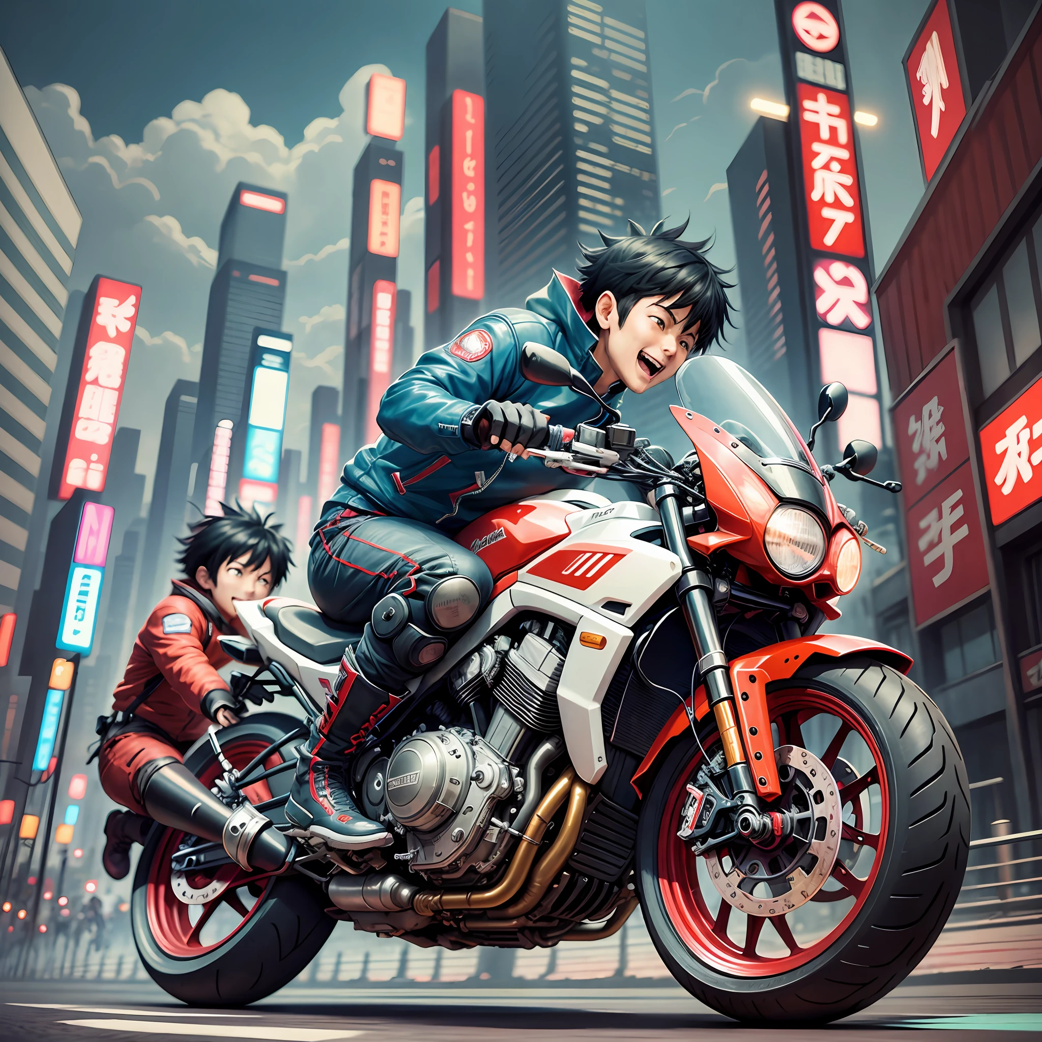 Akira anime, kaneda and tetsuo riiding their motokbikes, 2d anime, cinematic, wide angle on a road, vibrant colors, whymscal, kaneda motobike is Red, he wears cool Google Red learher ckothes and boots, tetsuo light Blue motkbike, white, they having a good time laughing, style by katshiro otmo, senseation of speed and time lapse, neo Tokyo, pos apolapitic world. --auto --s2