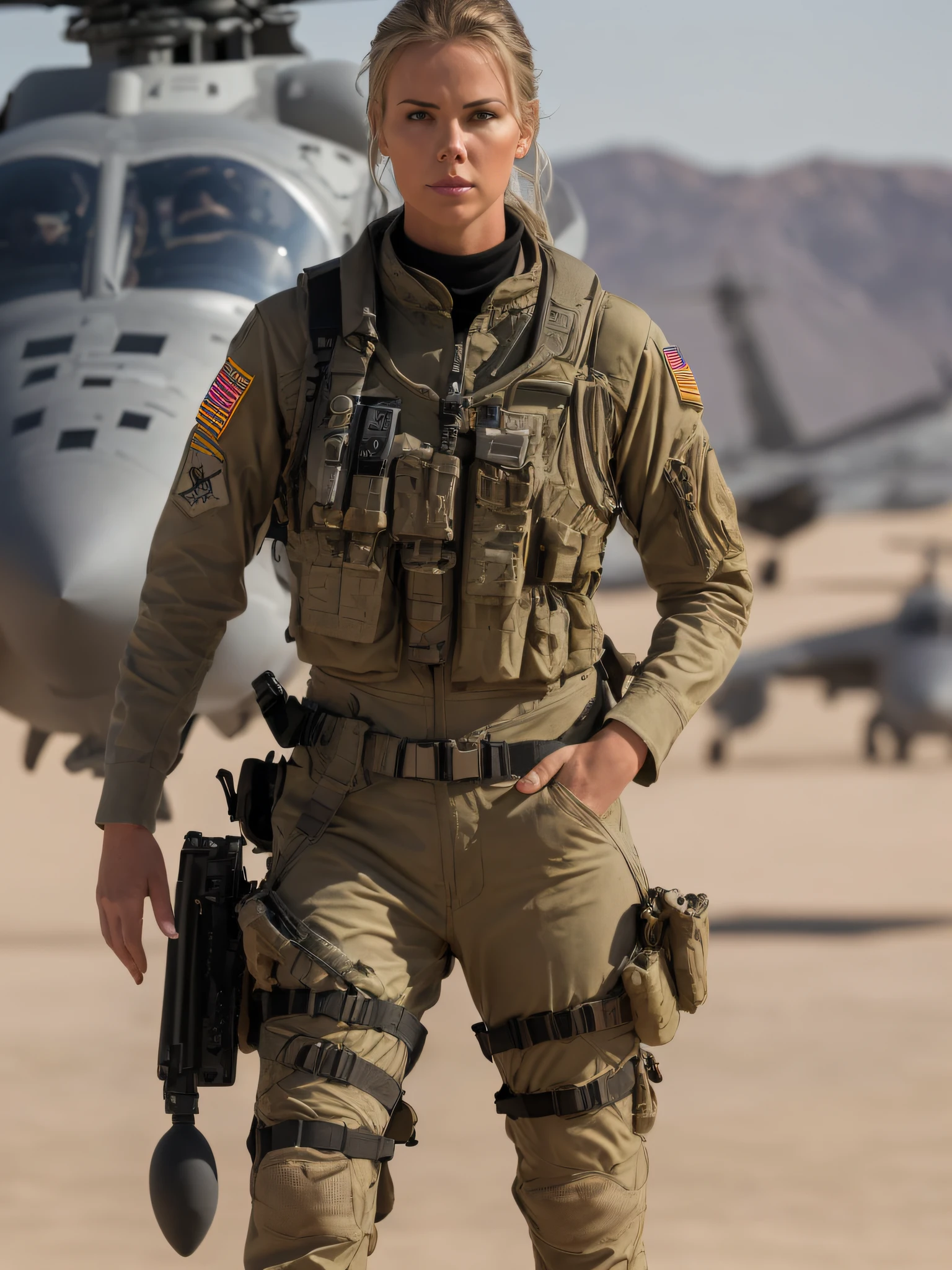 photo of a sexy US military pilot girl standing by a combat helicopter and wearing a military pilot uniform, looking like Charlize Theron in her youth, wide frame photo (((full length))), extremely detailed CG unity 8k wallpaper, photoshoot style, sophisticated, high detail, dramatic, elite military, real world, fantasy location, combat environment, harsh environment, explosions, helicopter flight, Operation Desert Storm, action shot, (hard focus, 8k), (((natural skin texture)) ), 8k textures, soft cinematic light, adobe lightroom, darkroom, hdr, intricate, elegant, highly detailed, sharp focus, ((((cinematic look))), soothing tones, frenzy of detail, intricate detail, hyper detail, low contrast , soft cinematic light, dull colors, exposure blending, hdr, fade, 35mm, f/1.4, ISO64, f16, 25 sec.