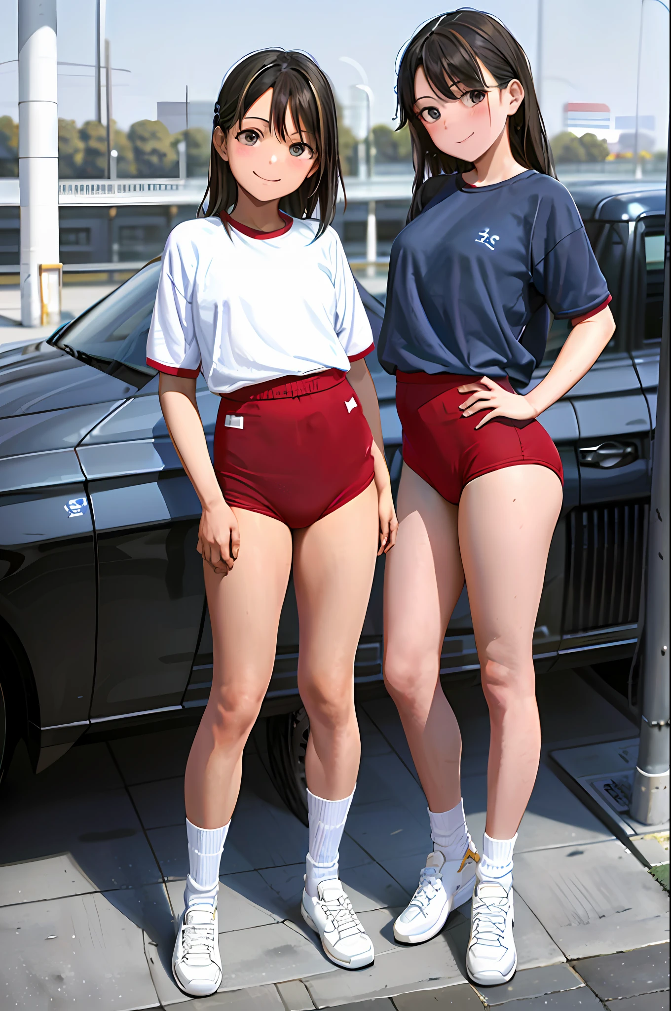 (Masterpiece: 1.2), best quality, illustrations, pretty girls, schoolchildren, (dark blue bloomers: 1.1) (white gym clothes: 1.2), cute ass, smile, black eyes, (black hair: 1.0), thighs, white sneakers, black high socks, (sky: 1.0), automobile, road,