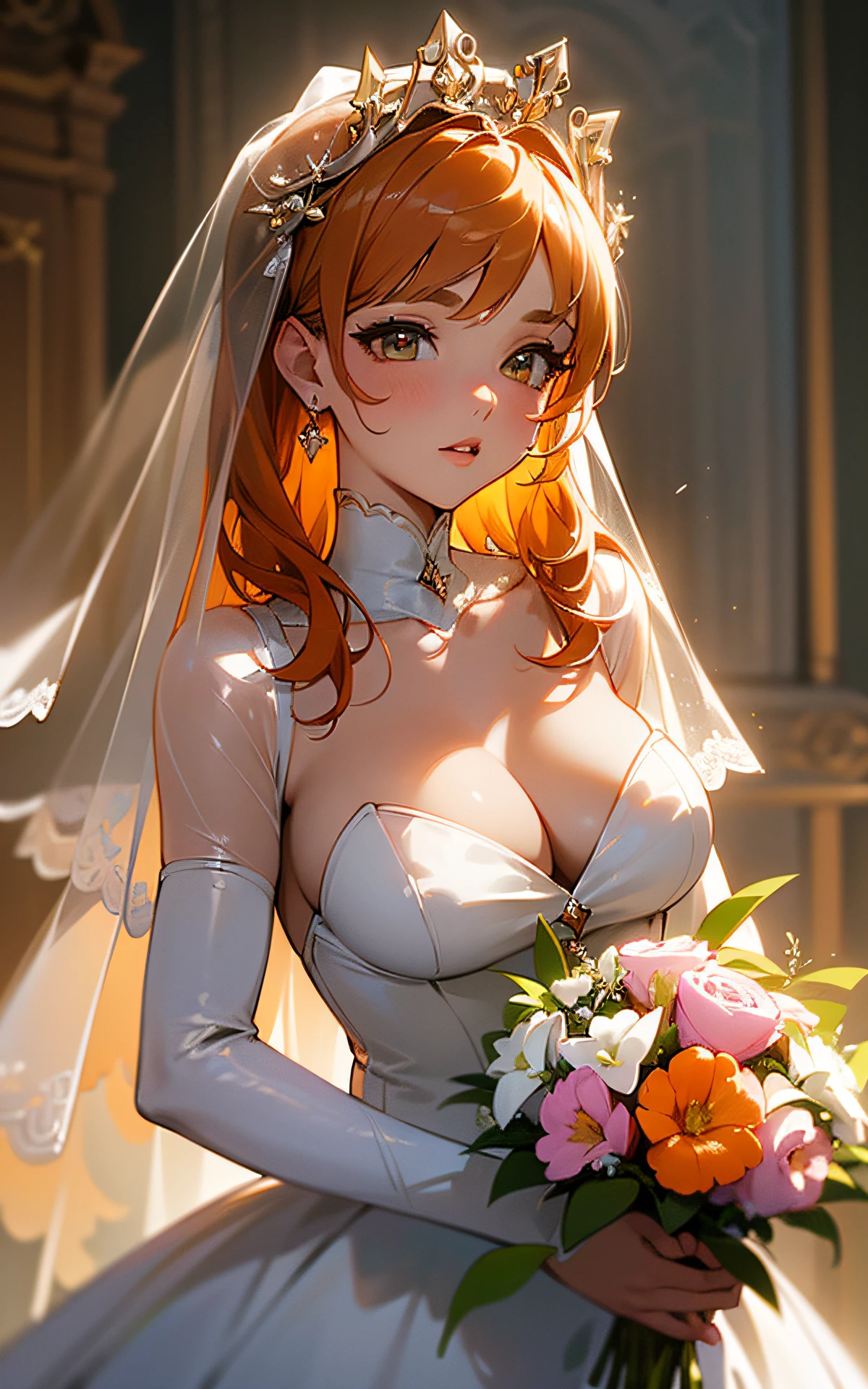 ((unity 16k wallpaper, masterpiece, best quality, ultra-detailed, extremely detailed CG, caustics, cinematic lighting, detailed, beautiful detailed eyes, NSFW: 2.0, 30 years old, dynamic pose)), Ultra high resolution, ((cleavage)), fine skin, (cute: 1.2), collarbone, ((JPOP idol)), ((attractive)), (paul white wedding dress: 2.0, wedding veil, wide prairie: 2.0, wedding, bride, holding one bouquet with both hands: 2.0, orange hair))