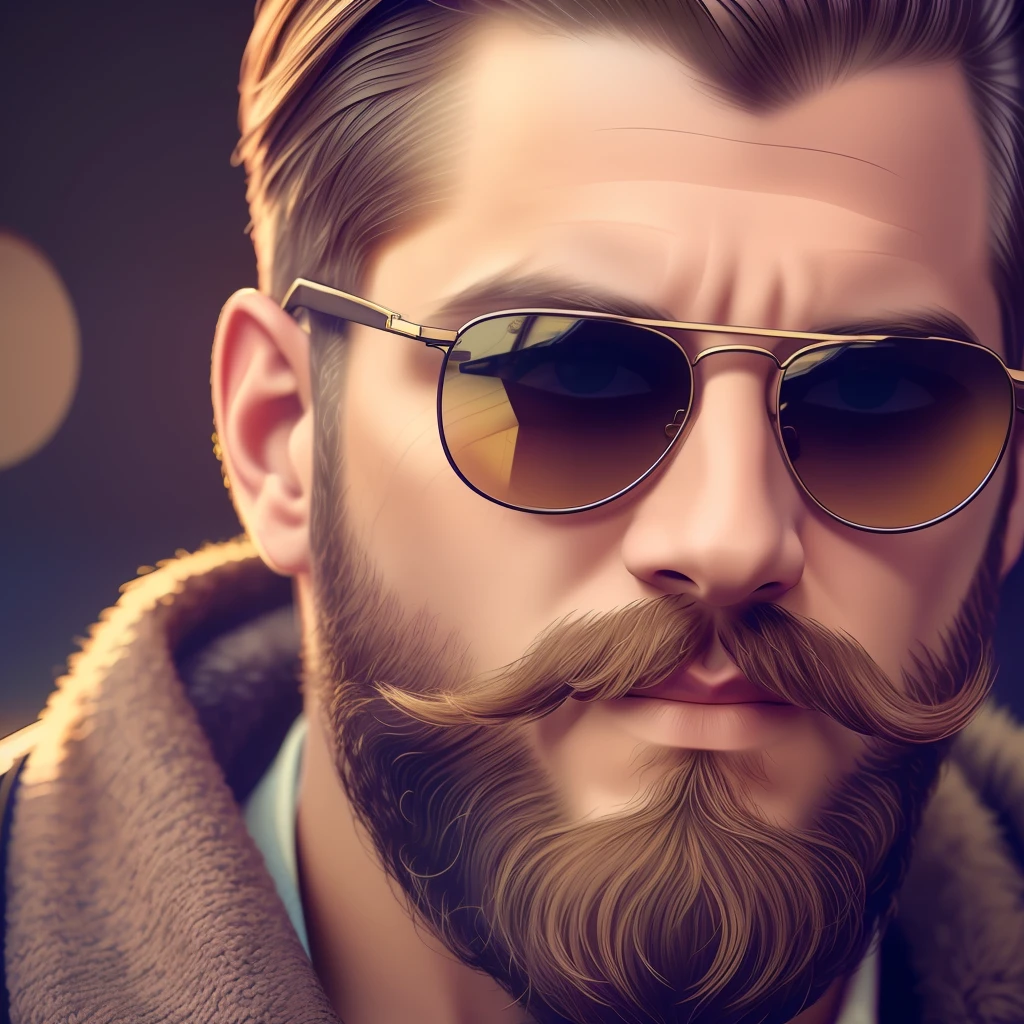 Men in sunglasses and a beautiful beard, hyperdetailed, cinematic, warm lights, complex details, hyperrealistic, dark background, (soft colors:1.38), (neutral colors:1.2 ) --auto --s2