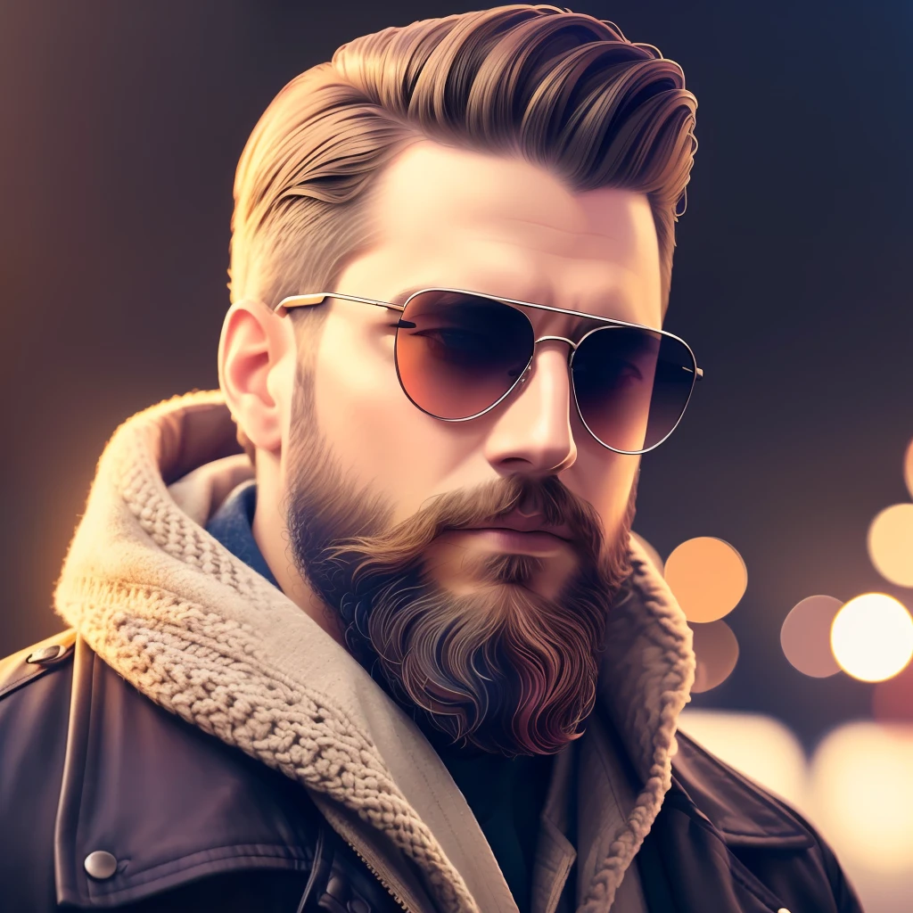 Men in sunglasses and a beautiful beard, hyperdetailed, cinematic, warm lights, complex details, hyperrealistic, dark background, (soft colors:1.38), (neutral colors:1.2 ) --auto --s2