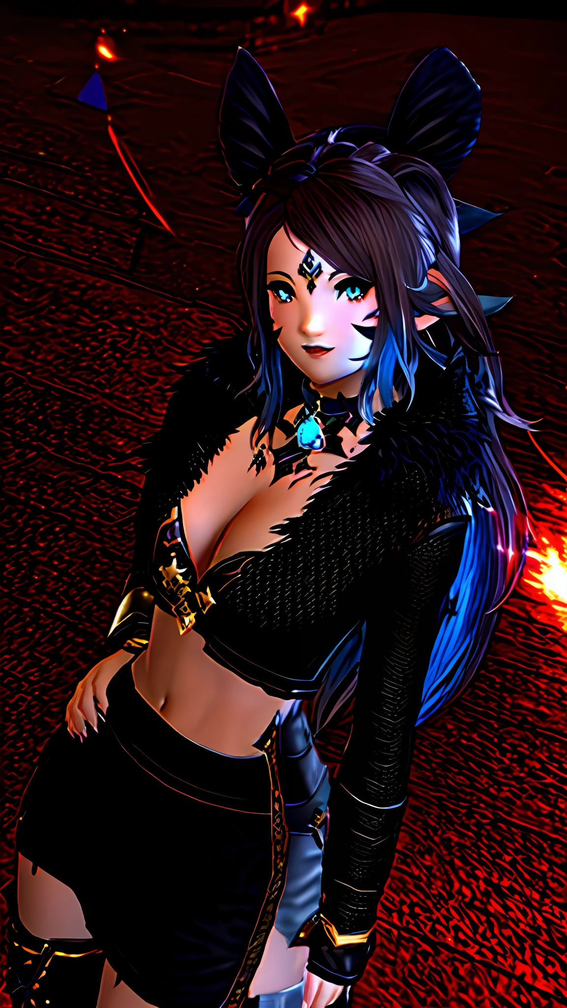 there is a woman in a black outfit posing for a picture, spellcasting pose, alluring mesmer woman, fashionable dark witch, inspired by Ren Renfa, morrigan, dark fae, fantasy outfit, beautiful necromancer, dark demonic dancer, full body close-up shot, fur covering her chest, sinister pose, menacing pose, dark fur, final fantasy 14 style, jrpg fashion, style of final + fantasy + 1 5, inspired by Hirosada II, style game square enix, brown twintail hair and cyan eyes, lunar themed attire, Chibi, Lalafell