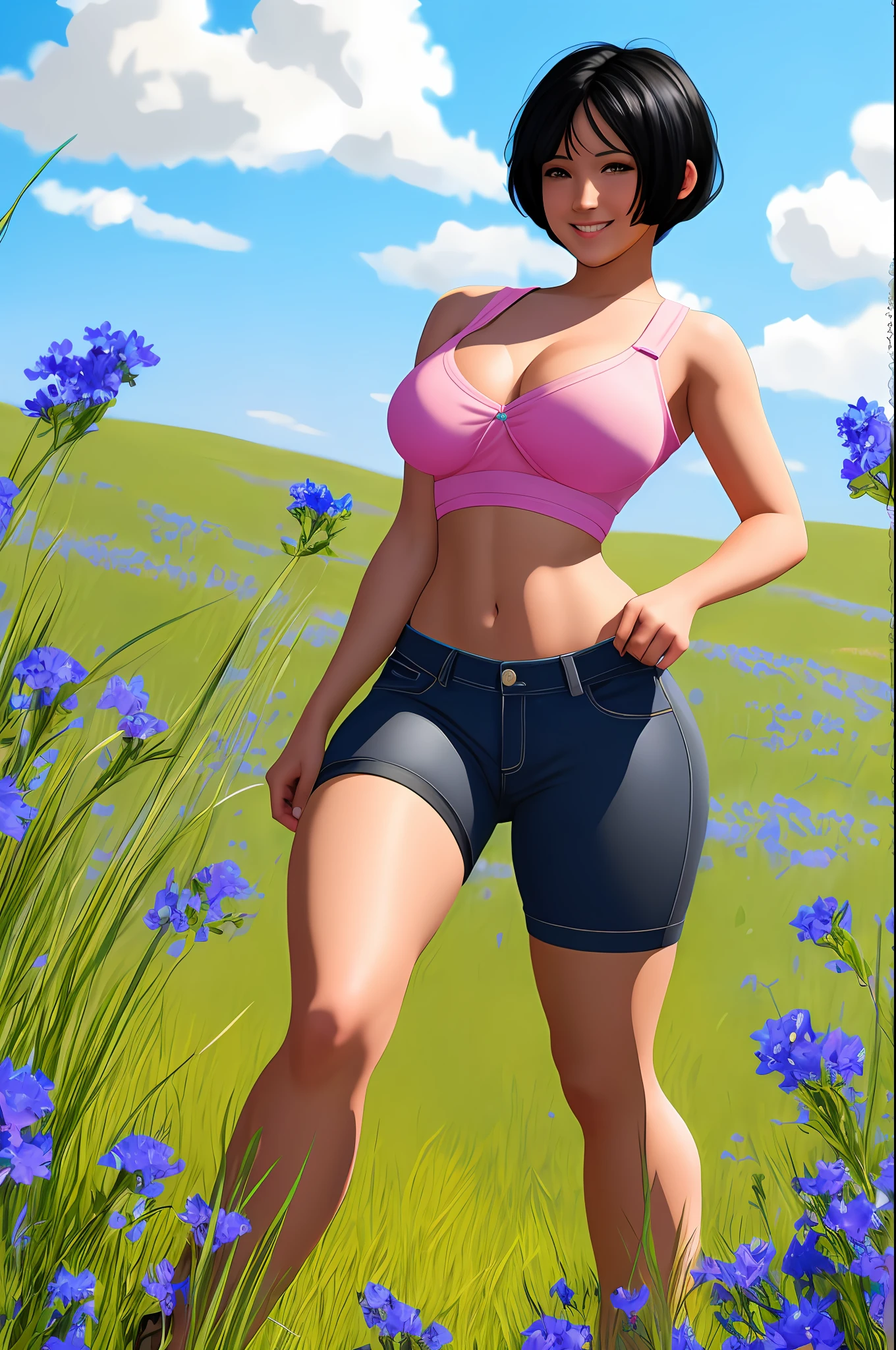 Girl, Black hair, short hair, 8k resolution, detailed image, ultra realistic, light reflection, shadow, leg pants, bare breasts exposed, full body, (open field! pink and blue flowers green grass bright color, sunlight) easy expression Smiling, realistic, breasts, thighs, standing, with hand on breast.