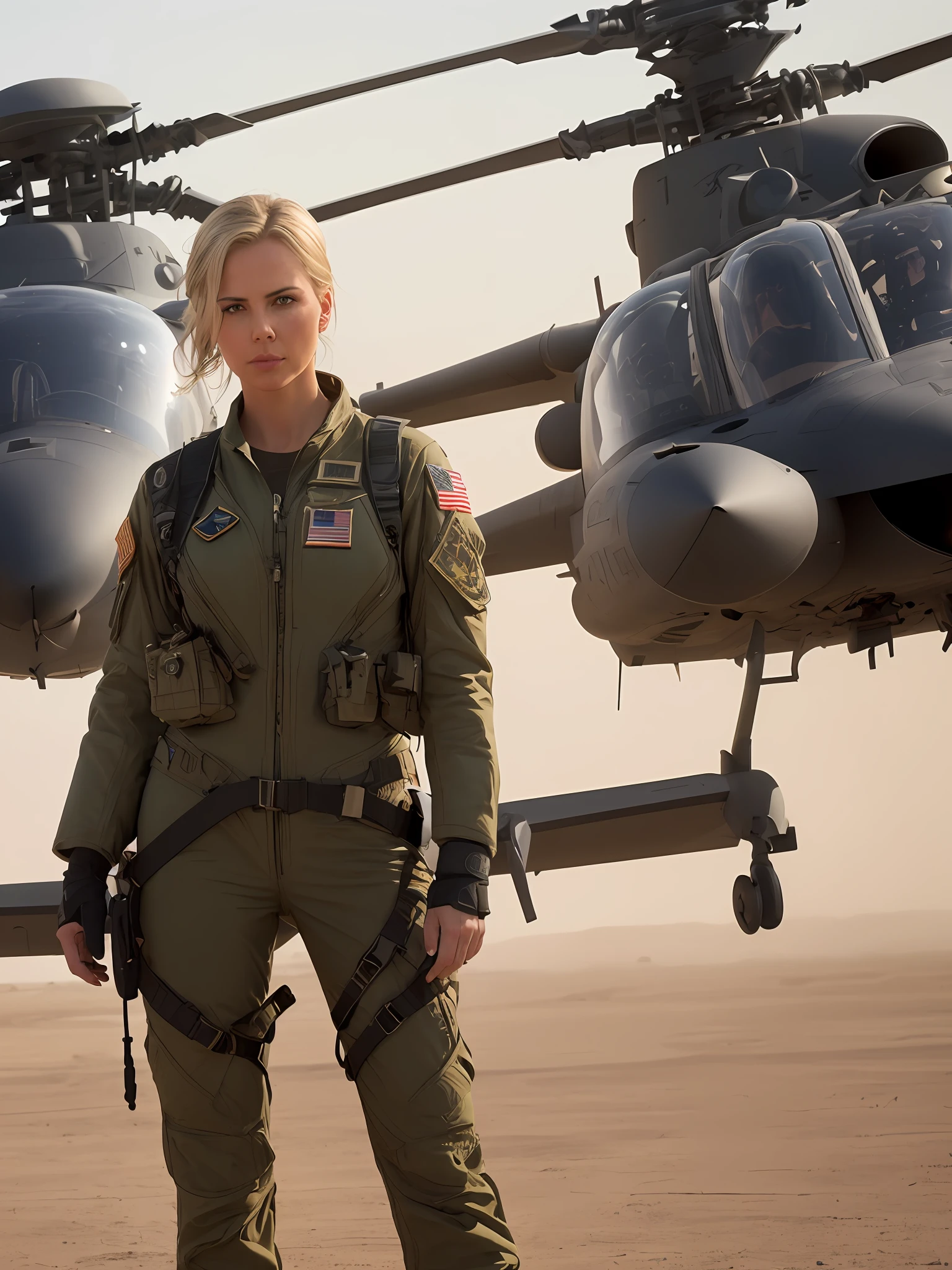 photo of a sexy US military pilot girl standing by a combat helicopter and wearing a military pilot uniform, looking like Charlize Theron in her youth, wide frame photo (((full length))), extremely detailed CG unity 8k wallpaper, photoshoot style, sophisticated, high detail, dramatic, elite military, real world, fantasy location, combat environment, harsh environment, explosions, helicopter flight, Operation Desert Storm, action shot, (hard focus, 8k), (((natural skin texture)) ), 8k textures, soft cinematic light, adobe lightroom, darkroom, hdr, intricate, elegant, highly detailed, sharp focus, ((((cinematic look))), soothing tones, frenzy of detail, intricate detail, hyper detail, low contrast , soft cinematic light, dull colors, exposure blending, hdr, fade, 35mm, f/1.4, ISO64, f16, 25 sec.