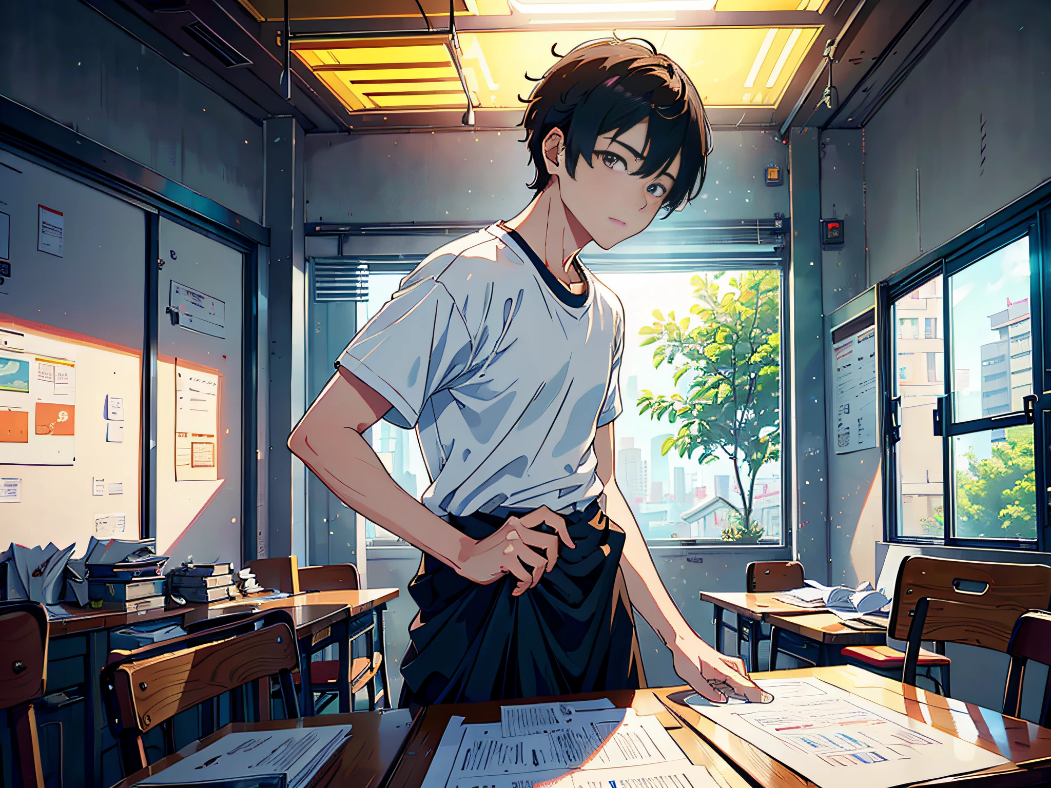 A male student sitting in the classroom, boy, male classmate, in the campus classroom, this male classmate wearing a white T-shirt, short black hair, hand picking up paper, (hand picking up paper 1.8), the lens is mainly featured on the upper body, in the Loepfe art style ((Xinhai City), popular in CGStation, Shinhaicheng H 2160, inspired by Bian Shoumin, Xinhaicheng, Kavasi, Guvitz style, high-quality pictures, 4K, 8K, resolution