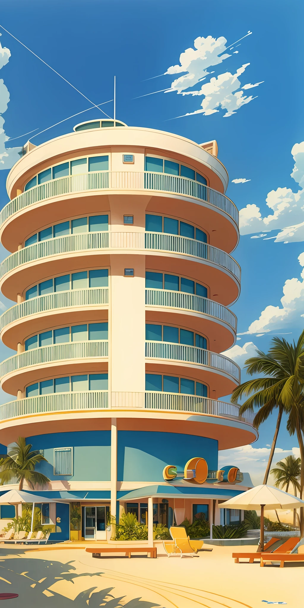 (art by Ron Cobb), retrofuturistic sunny hotel resort near beach, high details, high resolution, HD,