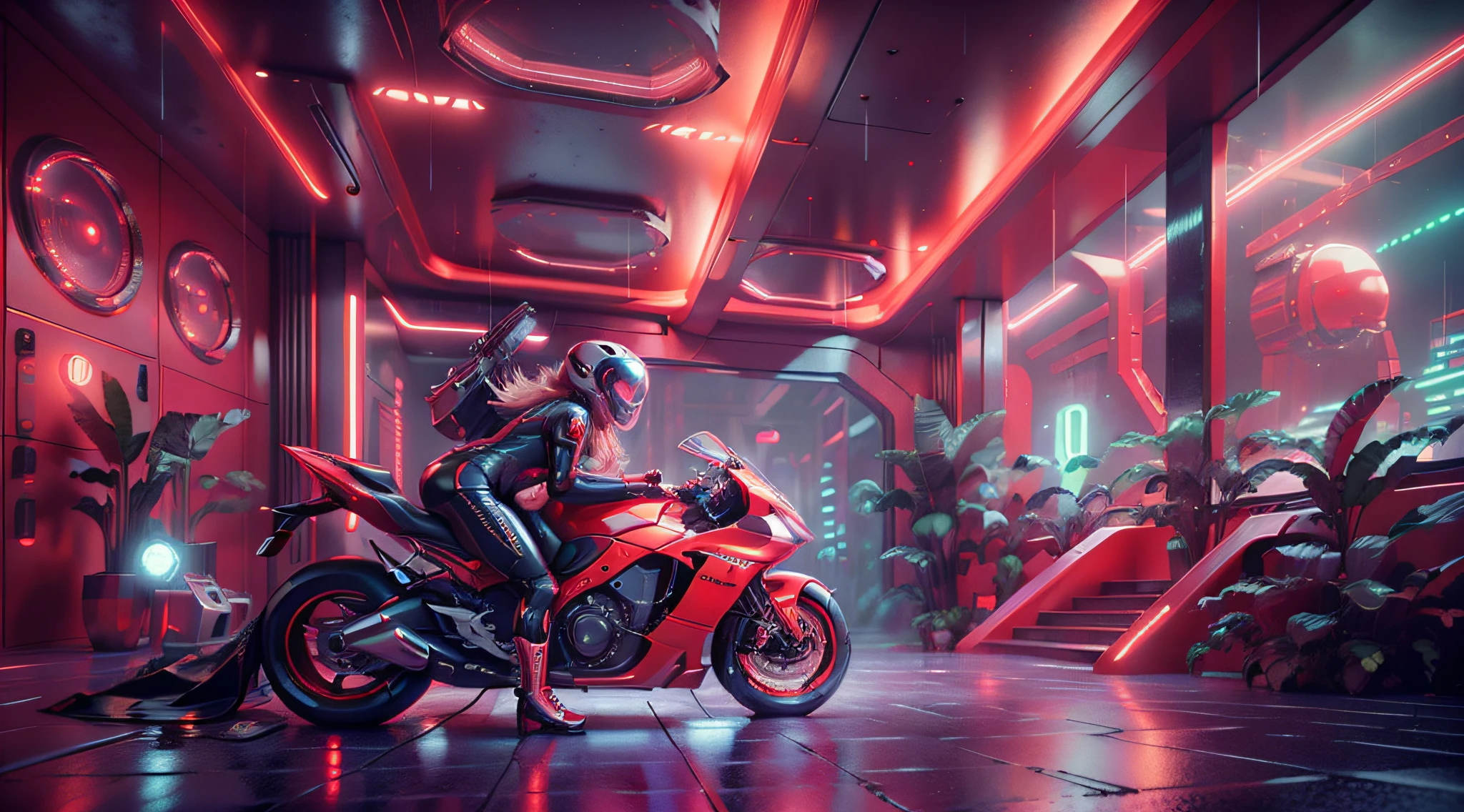 maximum quality, photorealism, 8k, film, high resolution, woman, 8k, perfect face, bright eyes, intricate details, riding a futuristic motorcycle without wheels with a laser gun in hand and spacesuit with neon lights, next to a giant red, silver and gold robot, maximum quality, 8k, background of a futuristic city, winding buildings, metal, glass, concrete, dramatic light, fog, rain, water, view from below, general plan, medium depth of field, lomography, neon, maximum quality, beautiful, masterpiece, photorealism, 8k, realistic texture high resolution, film grain, film, cinematic