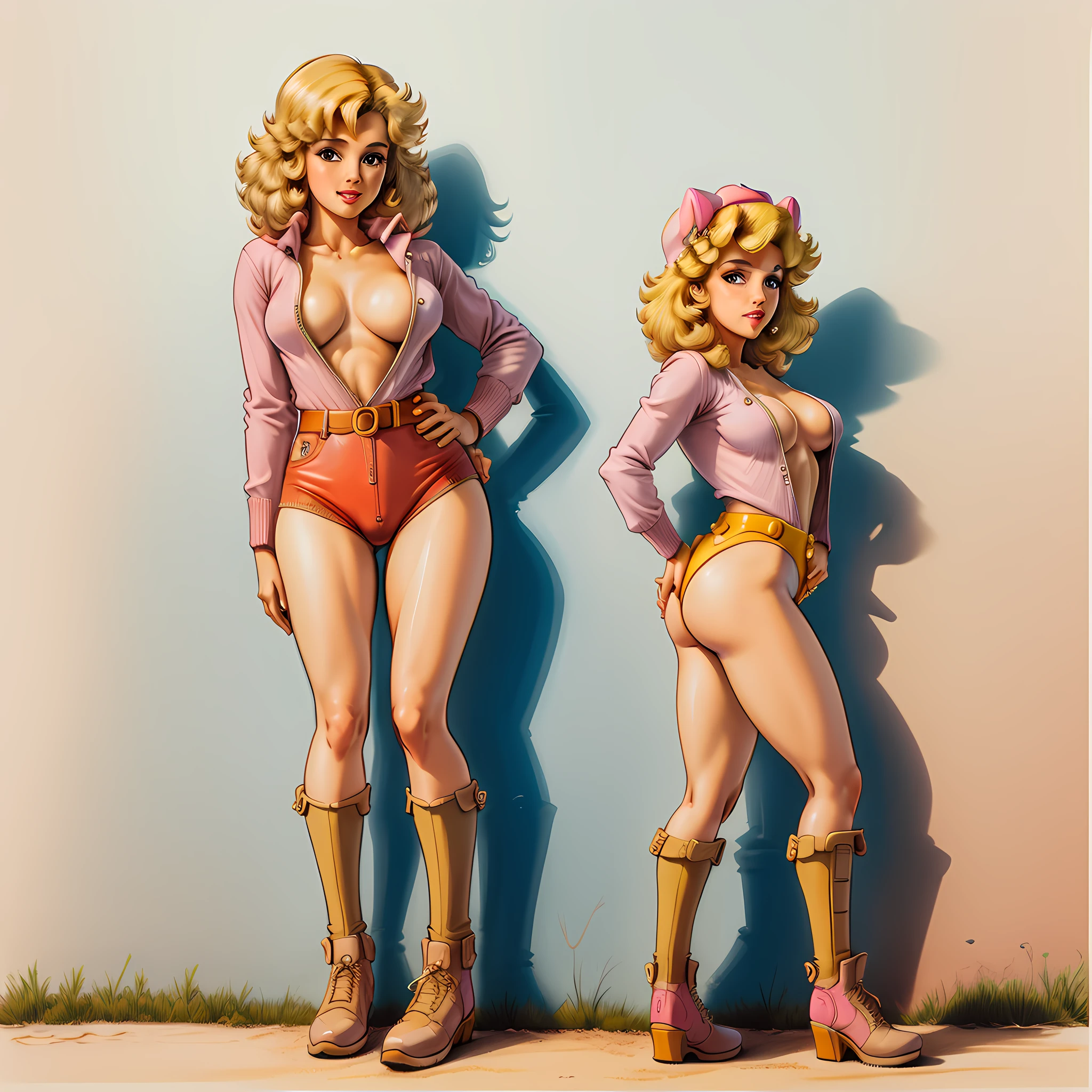 cowboy shot, Princess Peach, 1980s \(style\), 1girl, brown hair, blonde hair, retro artstyle, short hair, solo, pink jumper suit, unbutton_shirt, (naked_breasts:1.2), medium_breasts, cleavage, full body shot, model pose, shoes visible, ass view, face view
