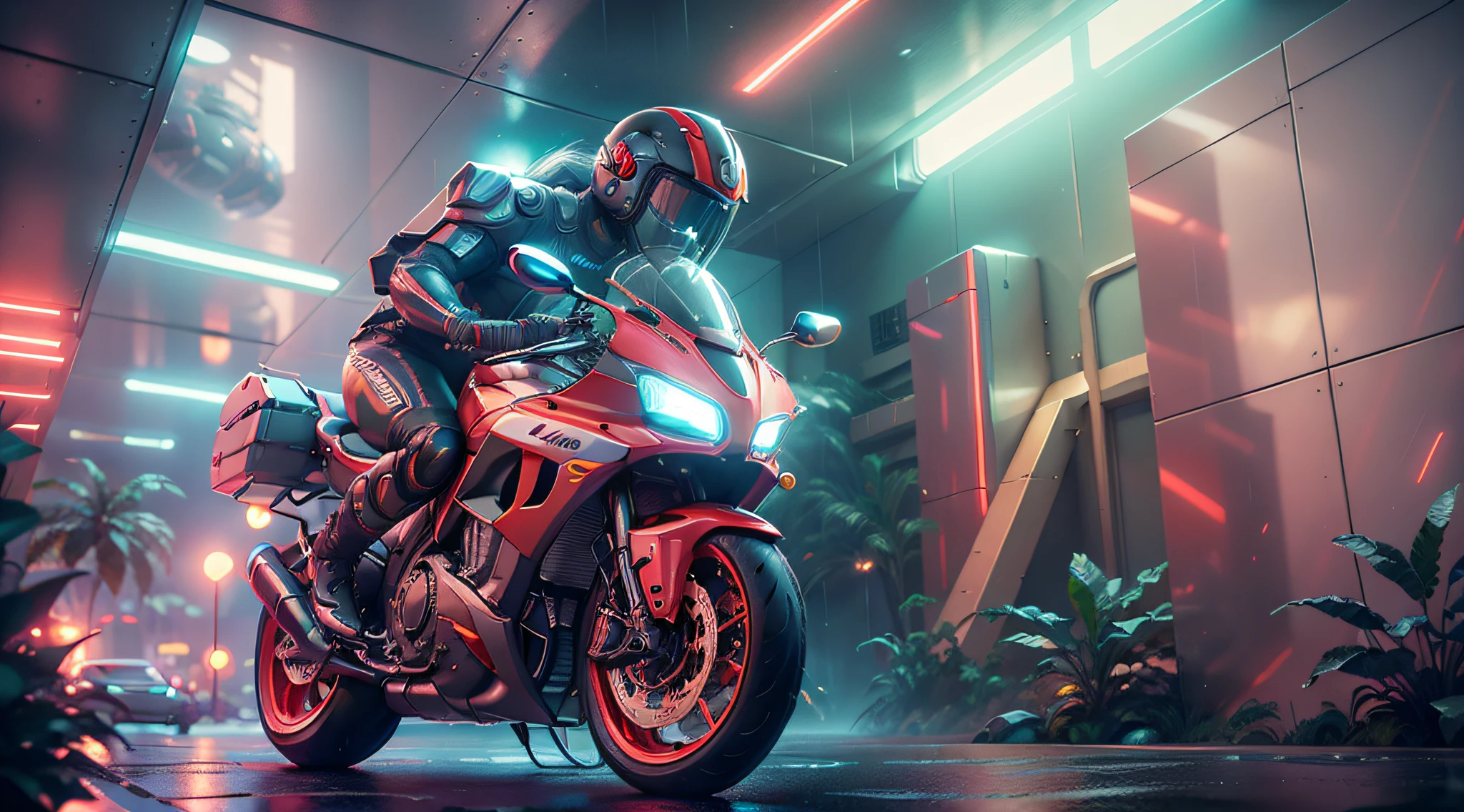 maximum quality, photorealism, 8k, film, high resolution, woman, 8k, perfect face, bright eyes, intricate details, riding a futuristic motorcycle without wheels with a laser gun in hand and spacesuit with neon lights, next to a giant red, silver and gold robot, maximum quality, 8k, background of a futuristic city, winding buildings, metal, glass, concrete, dramatic light, fog, rain, water, view from below, general plan, medium depth of field, lomography, neon, maximum quality, beautiful, masterpiece, photorealism, 8k, realistic texture high resolution, film grain, film, cinematic