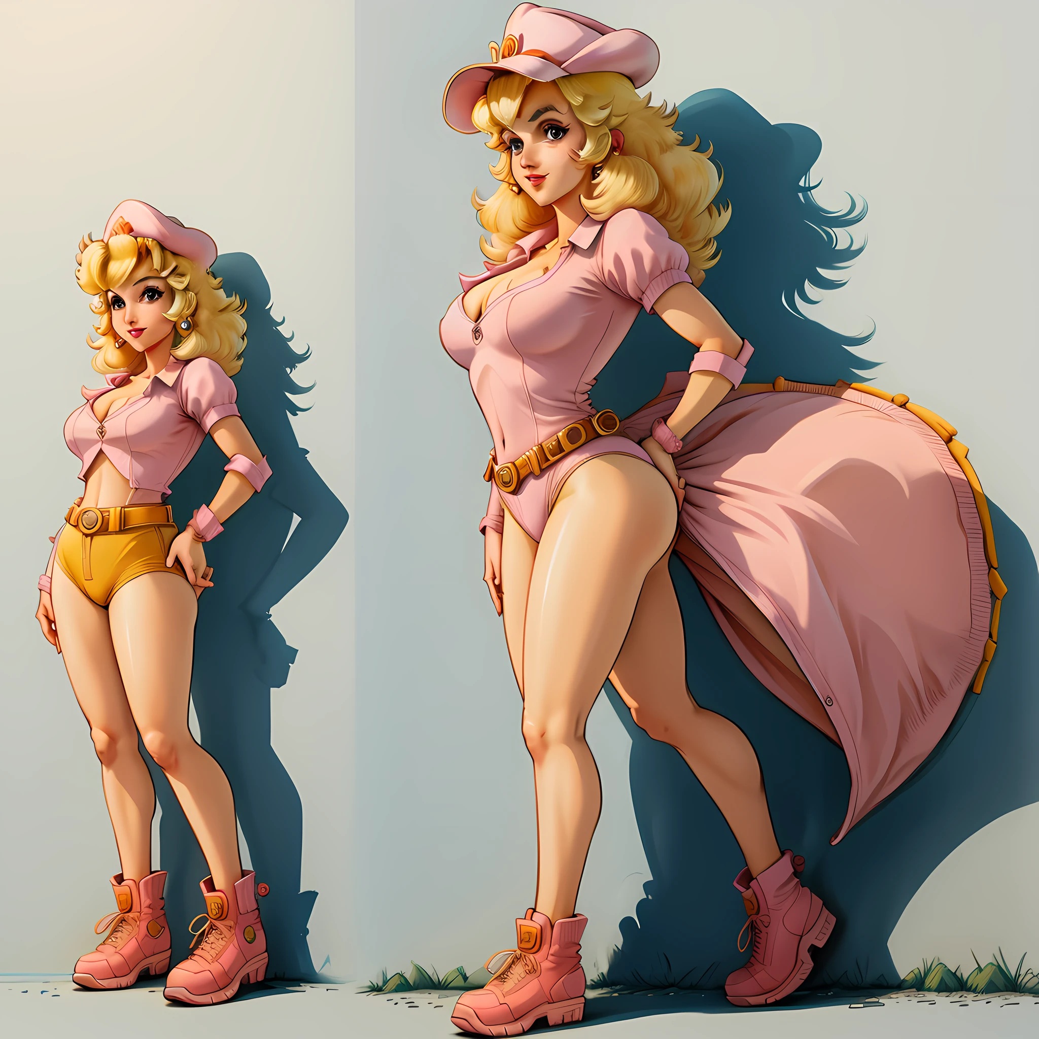 cowboy shot, Princess Peach, 1980s \(style\), 1girl, blonde hair, retro artstyle, short hair, solo, pink jumper suit, unbutton_shirt, (medium_breasts:1.2), medium_breasts, cleavage, full body shot, model pose, shoes visible, ass view, face view