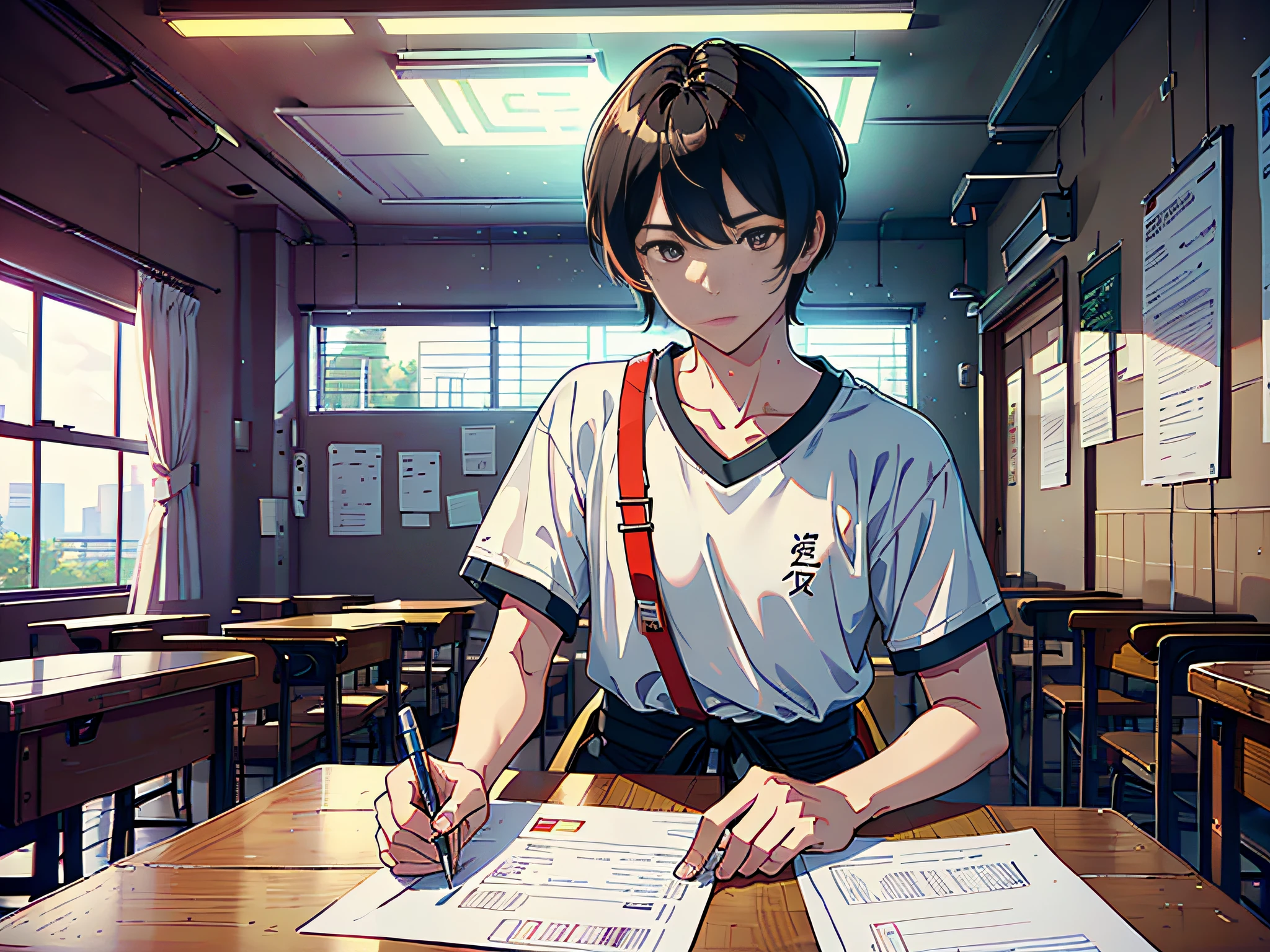 A male student sitting in the classroom for the exam, boy, male student, in the campus classroom, this male student wearing a white T-shirt, short black hair, hand holding test paper, (hand holding test paper 1.8), the lens is mainly featured on the upper body, in the Loepfe art style ((Xinhai City), popular in CGStation, Shinhaicheng H 2160, inspired by Bian Shoumin, Xinhaicheng, Kavasi, Guwitz style, high-quality pictures, 4K, 8K, resolution