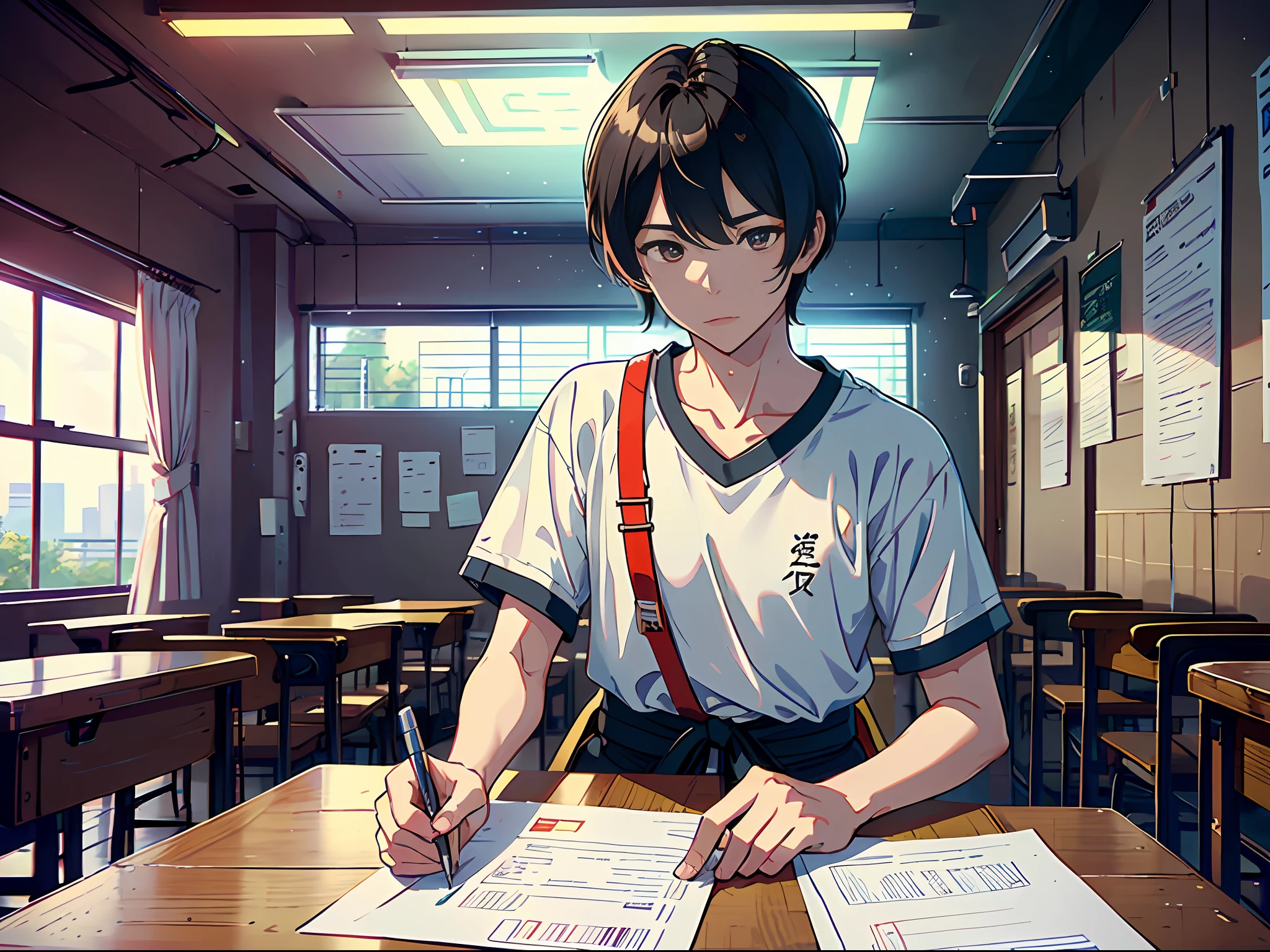 A male student sitting in the classroom for the exam, boy, male student, in the campus classroom, this male student wearing a white T-shirt, short black hair, hand holding test paper, (hand holding test paper 1.8), the lens is mainly featured on the upper body, in the Loepfe art style ((Xinhai City), popular in CGStation, Shinhaicheng H 2160, inspired by Bian Shoumin, Xinhaicheng, Kavasi, Guwitz style, high-quality pictures, 4K, 8K, resolution