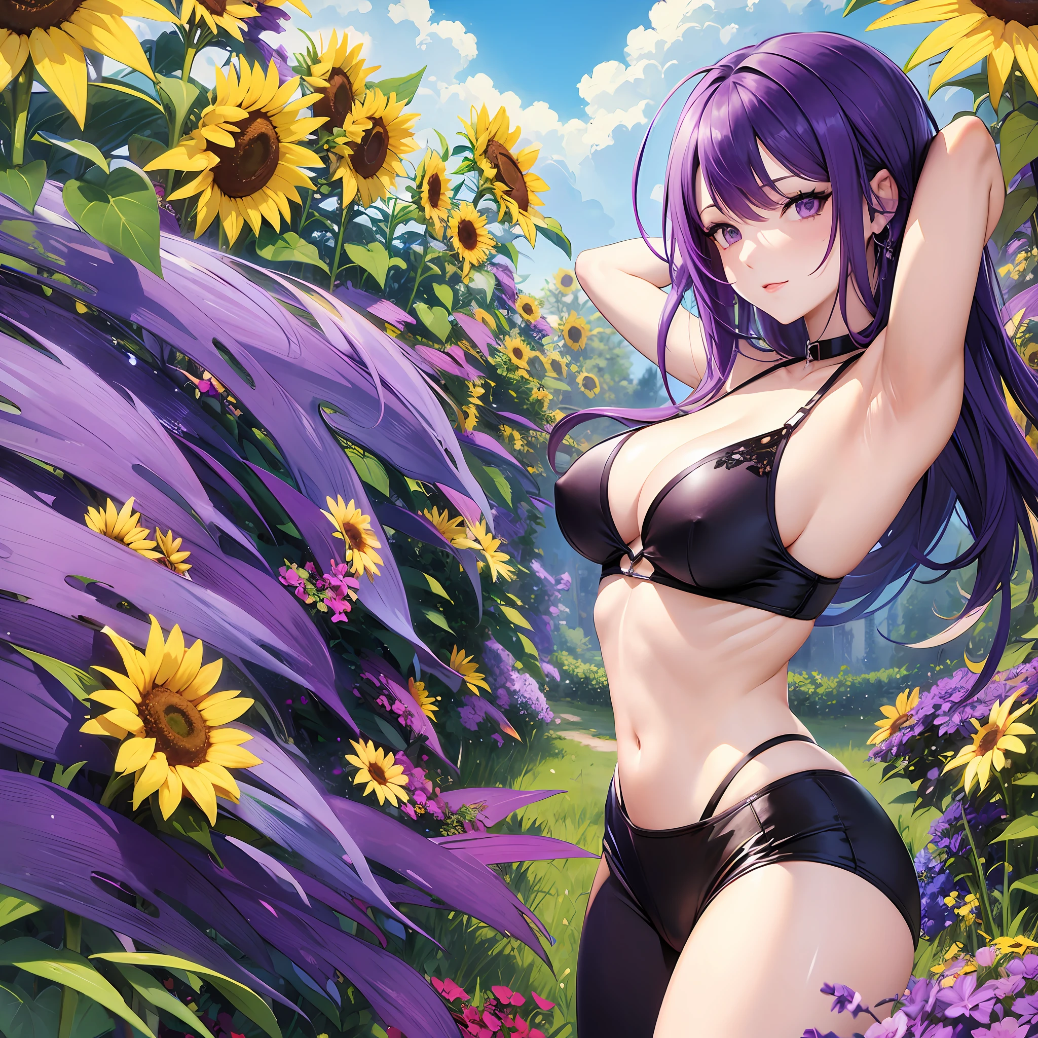 Purple-haired woman in sexxy poses with sexxy outfit and emphasis on glutes in a sunflower plantation