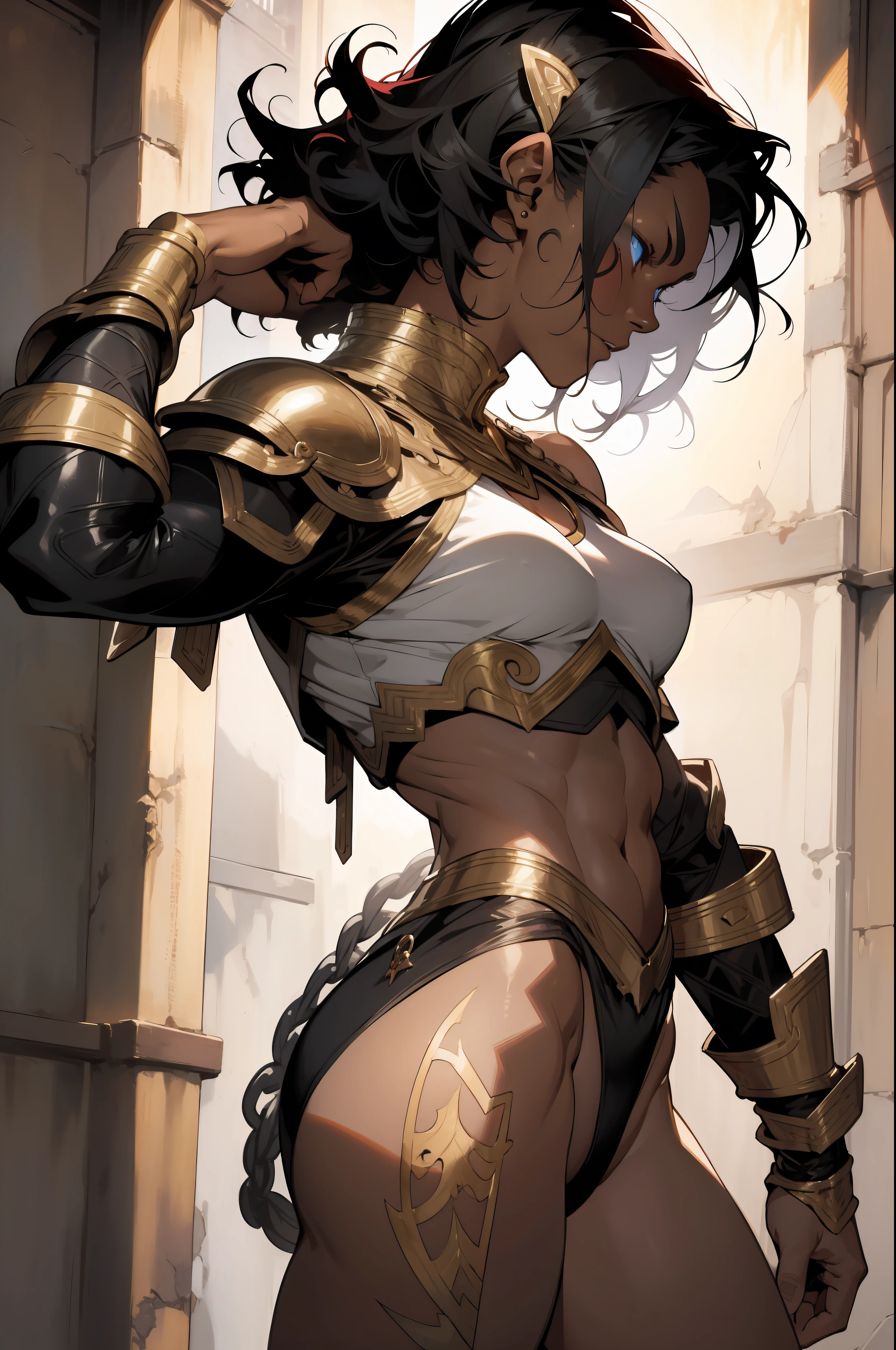 ((Frank Frazetta)), Beautiful full-bodied black woman, 30 years old, muscular and perfect body, ((back)), afro hair, skin shiny with oil and sweat, gladiator with little clothing, tiny thong of old body, metal bra covering only small part of the large breasts, bleeding wounds, scars all over the body, tribal tattoo, left arm covered by a metallic gladiator armor, Big breasts, generous neckline, holding a blood-stained sword, brave face, dark kingdom, sexy pose, walking in a dungeon