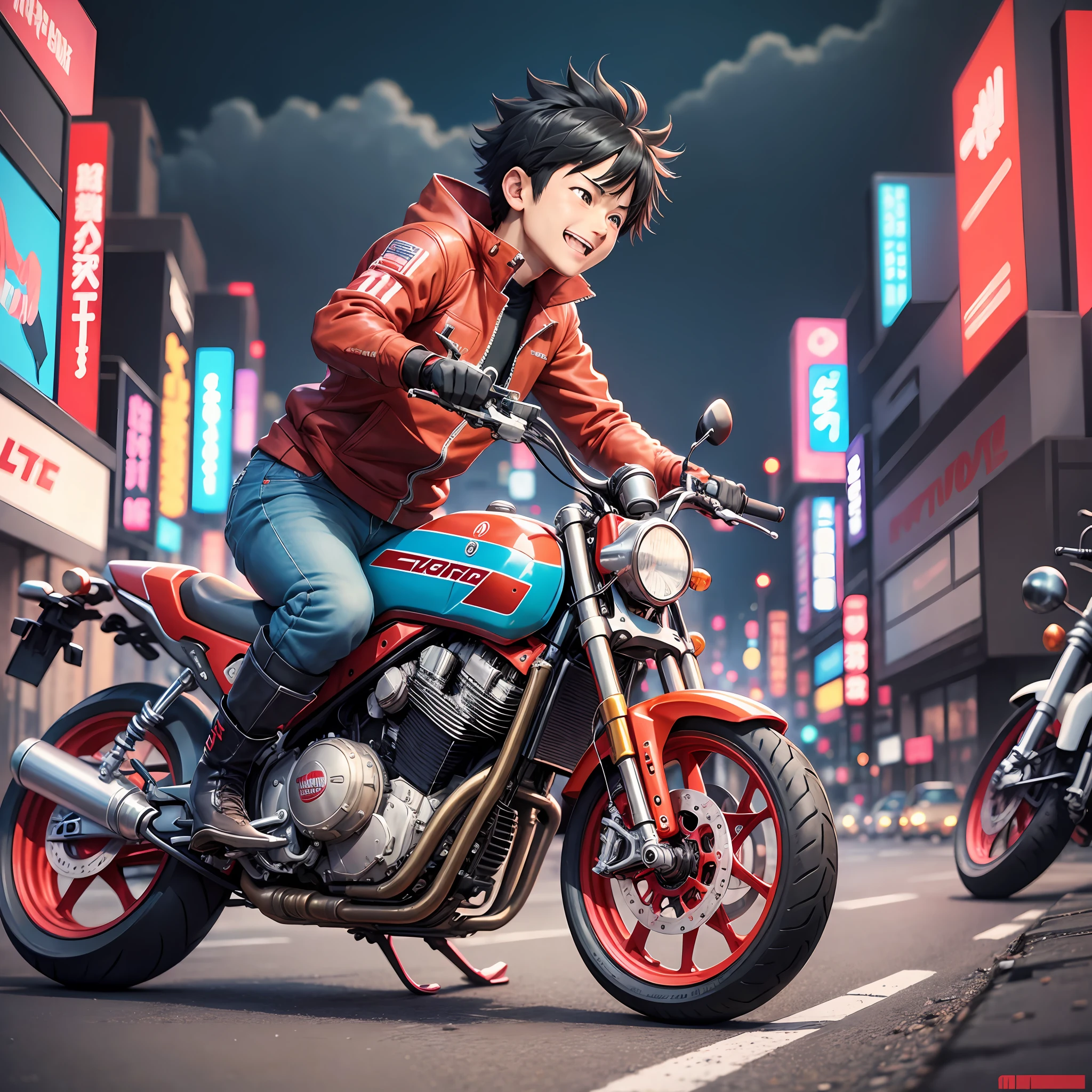 Akira anime, kaneda and tetsuo riiding their motokbikes, 2d anime, cinematic, wide angle on a road, vibrant colors, whymscal, kaneda motobike is Red, he wears cool Google Red learher ckothes and boots, tetsuo light Blue motkbike, white, they having a good time laughing, style by katshiro otmo, senseation of speed and time lapse, neo Tokyo, pos apolapitic world. --auto --s2