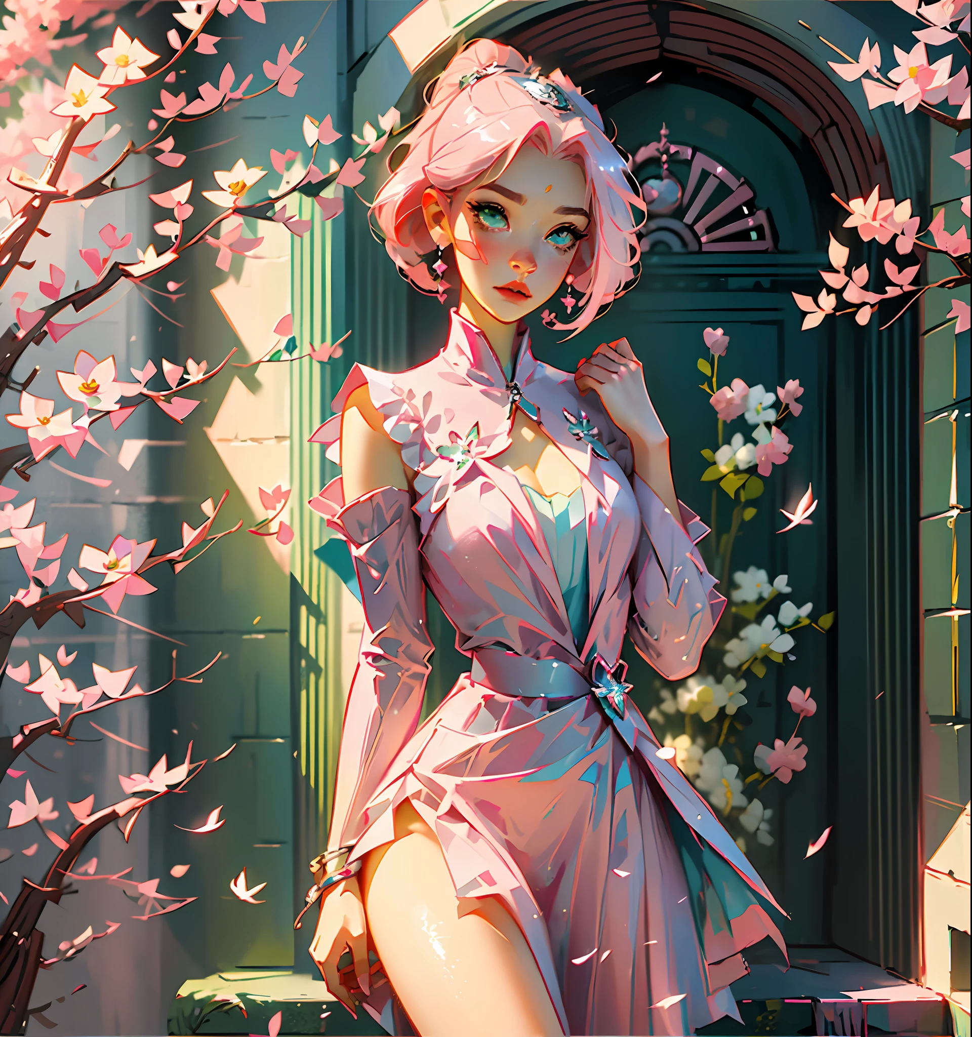 Sakura haruno, ((solo)), alone, princess, wearing a green princess dress, queen, happy, ((forehead to show)), standing, entering the church, pink hair, short hair, delicate, young, short hair, detailed face, high definition, ((full body)), (flowers around her), full body, she is a beautiful woman, face with high quality, beautiful, radiant, pastel tones, high definition, pastel tones, delicacy, sakura haruno, sakura, pastel tones, beautiful face, sharp strokes, anime, sakura haruno, anime, HD, pink hair, anime, sakura, apparent strokes, detailed eyes, perfect features, green eyes and well-designed pupils
