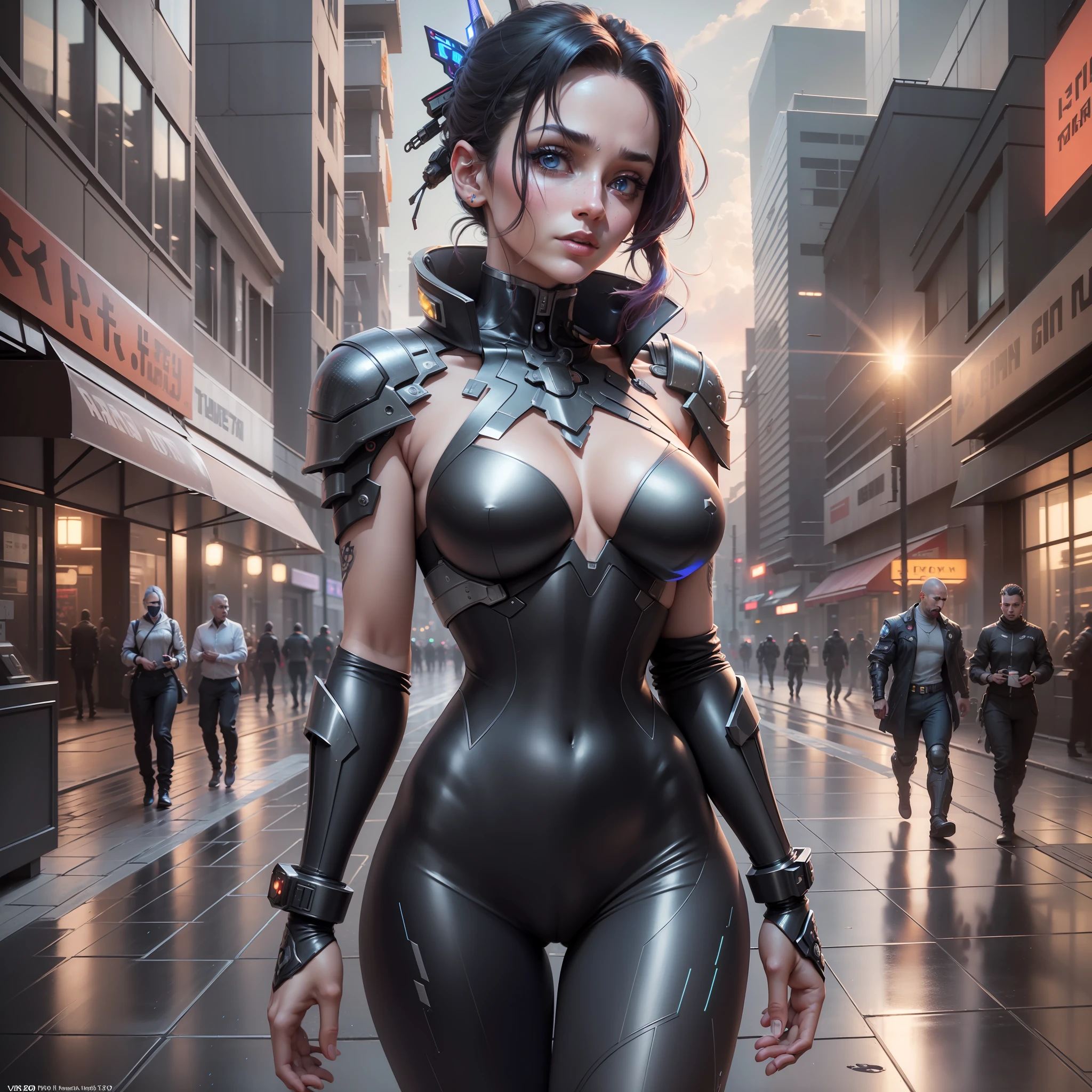 ((best quality)), ((masterpiece)), ((hyperrealistic)),((photorealistic)),(HDR10+),((intricate details)),(whole body)walking,((extremely beautiful young mature woman)),cyber punk perssonage,(wonderful body)(body and face with cybernetic implants),seductive look,ultra detailed skin such that pores become visible,urban environment,pedestrians walking around,cyber punk city,wet ground,smoke,fire particles in the air, flying dust,cyber punk.neon retrofuturistic cars, (8k texture with scratches: 1.2), , hdr, sharp focus, cinematic, trend in artstation, sharp focus, studio photo, intricate detail, very detailed eye, detailed, illustration, very detailed,(ray tracing), sharp focus, digital rendering, professional, 8k, best masterpiece in the world, rich in colors, unreal engine 5, extremely detailed, masterpiece, absurdities,light Lens flare,  realistic photo, RAW photo, TanvirTamim, high quality, high resolution, sharp focus, extremely detailed, cinematic lighting, 8k uhd, nikon d850 film photography,