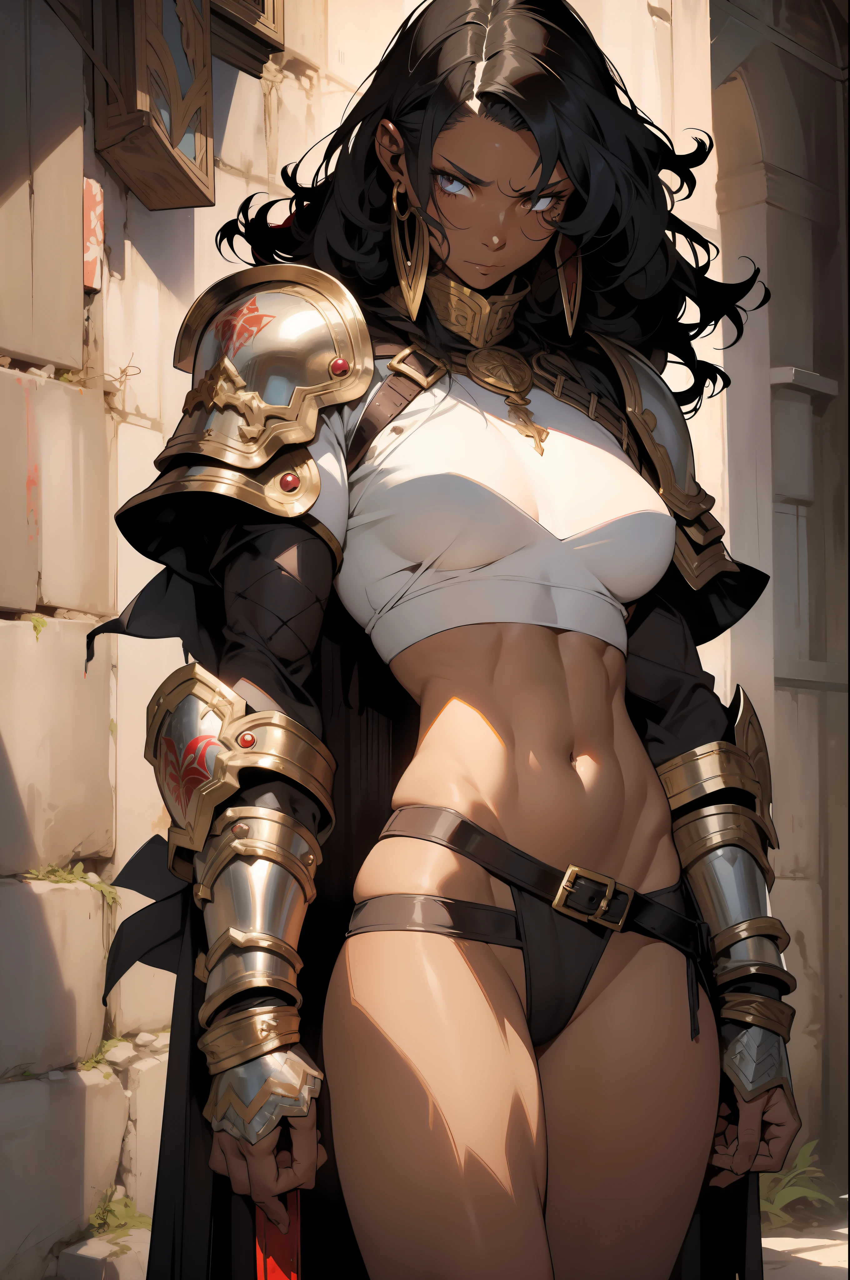 ((Frank Frazetta)), Beautiful full-bodied black woman, 30 years old, muscular and perfect body, ((back)), afro hair, skin shiny with oil and sweat, gladiator with little clothing, tiny thong of old body, metal bra covering only small part of the large breasts, bleeding wounds, scars all over the body, tribal tattoo, left arm covered by a metallic gladiator armor, Big breasts, generous neckline, holding a blood-stained sword, brave face, dark kingdom, sexy pose, walking in a dungeon