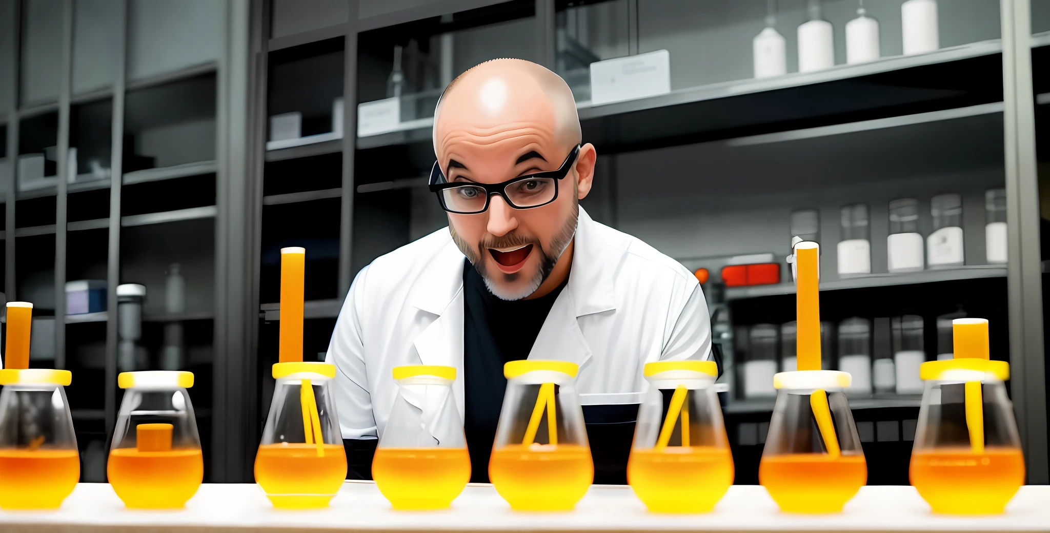 arafed man in a lab coat looking at a row of test tubes, mad scientist working, he is in a alchemist lab, foxish guy in a lab coat, mad scientist, experiment in laboratory, in a laboratory, elite scientist, stood in a lab, in a lab, scientist is a duck, wearing lab coat and glasses