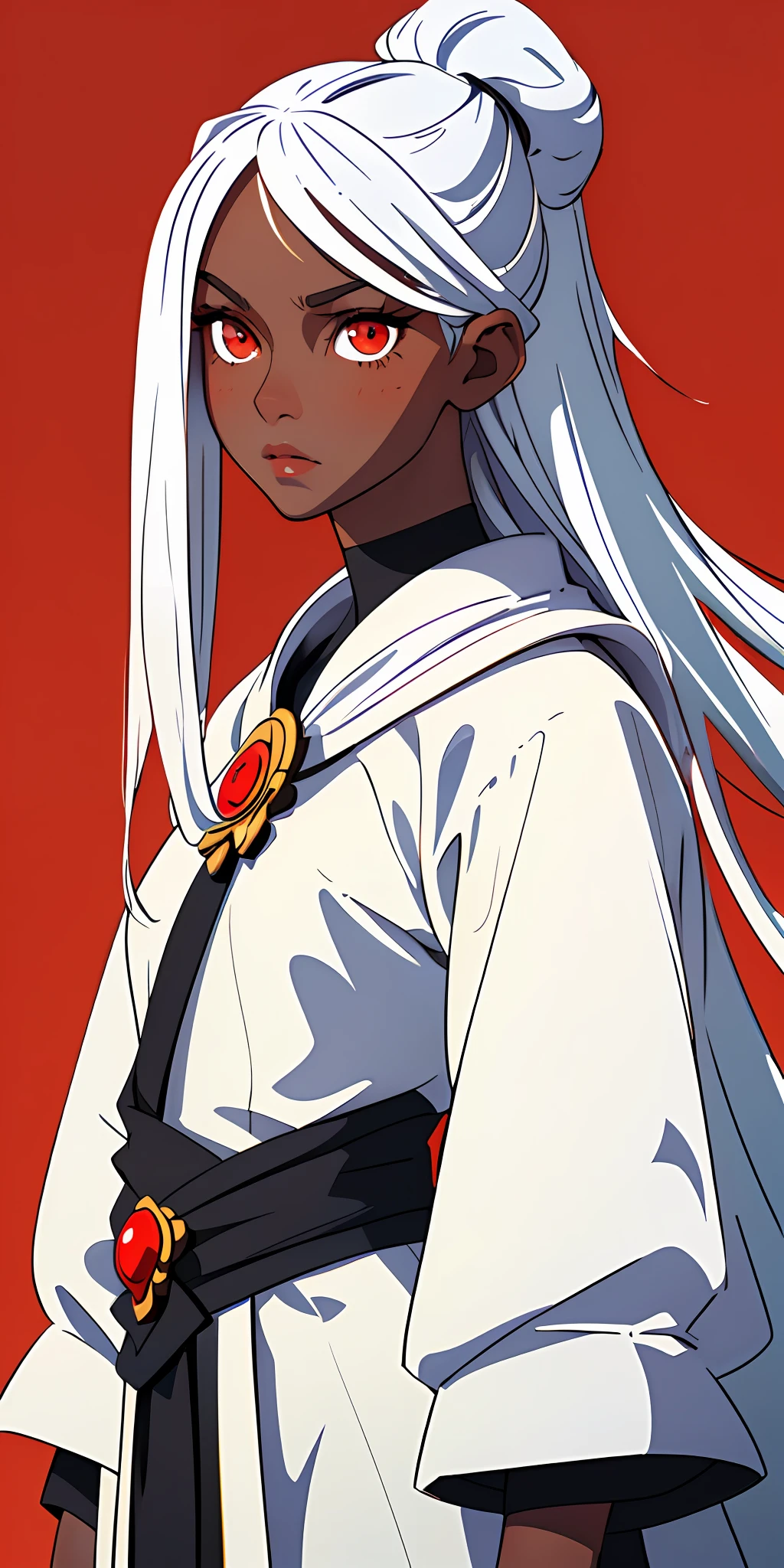 (Best quality, masterpiece, dark skin: 0.9), 1 girl, mature royal sister, tall figure, long white hair, white exotic dress, red eyes, (simple background, warm tones), firm eyes, slightly sideways, confident and calm