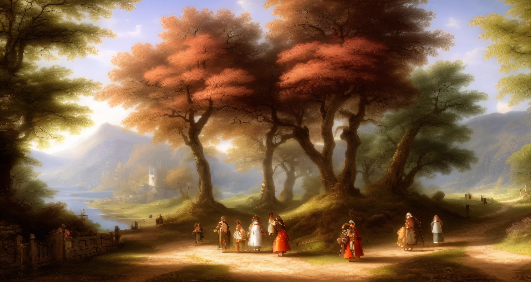 best quality, highly detailed, masterpiece, ultra-detailed, illustration, extremely detailed CG unit 8k wallpaper, grove with female figures strolling