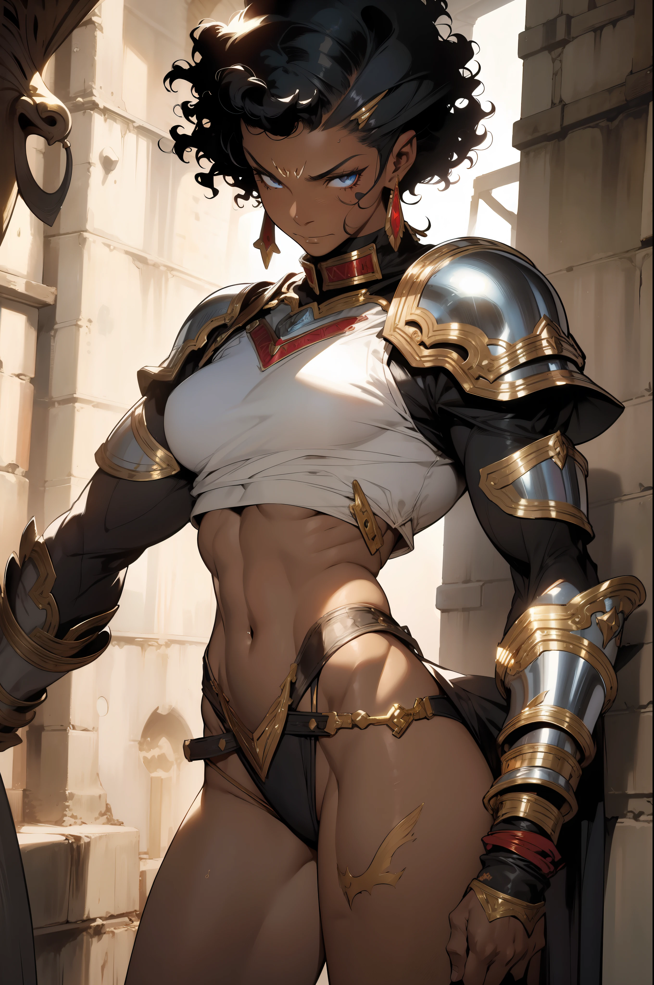 ((Frank Frazetta)), Beautiful full-bodied black woman, 30 years old, muscular and perfect body, ((back)), afro hair, skin shiny with oil and sweat, gladiator with little clothing, tiny thong of old body, metal bra covering only small part of the large breasts, bleeding wounds, scars all over the body, tribal tattoo, left arm covered by a metallic gladiator armor, Big breasts, generous neckline, holding a blood-stained sword, brave face, dark kingdom, sexy pose, walking in a dungeon