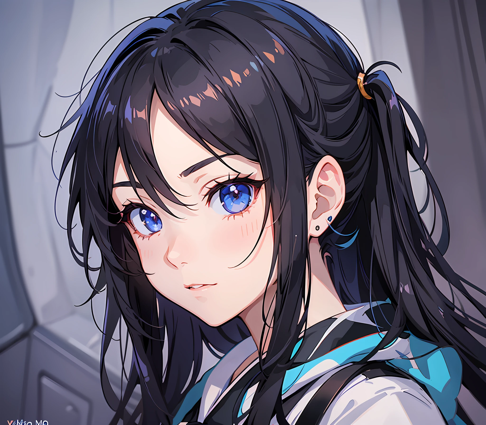 Anime girl with black hair and blue eyes wearing a choke, detailed portrait of Anime Girl, anime look of a cute girl, Ayaka Genshin impact, closeup of a young anime girl, detailed digital anime art, black anime pupils in her eyes, anime anime art style, stunning anime face portrait, cute anime portrait, anime look of a young woman, anime girl portrait