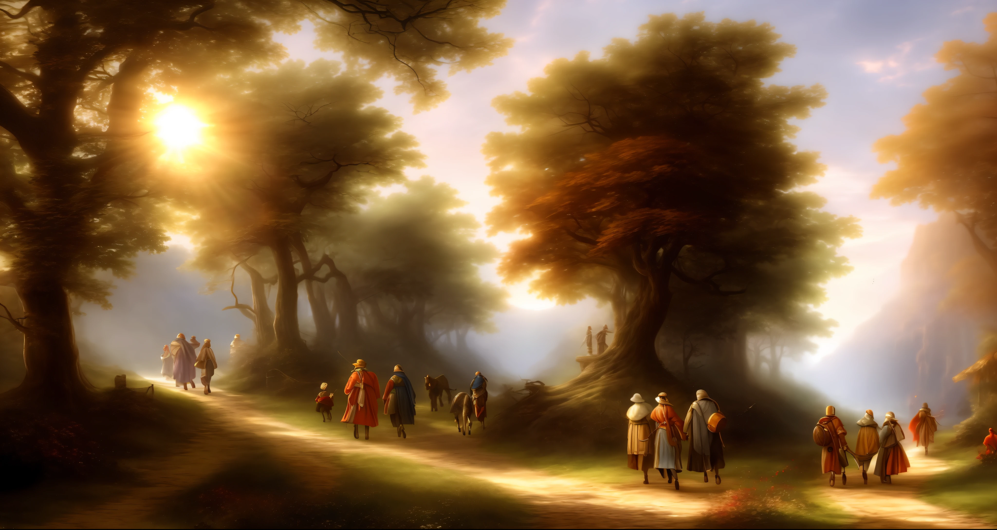 best quality, highly detailed, masterpiece, ultra-detailed, illustration, extremely detailed CG unit 8k wallpaper, grove with female figures strolling