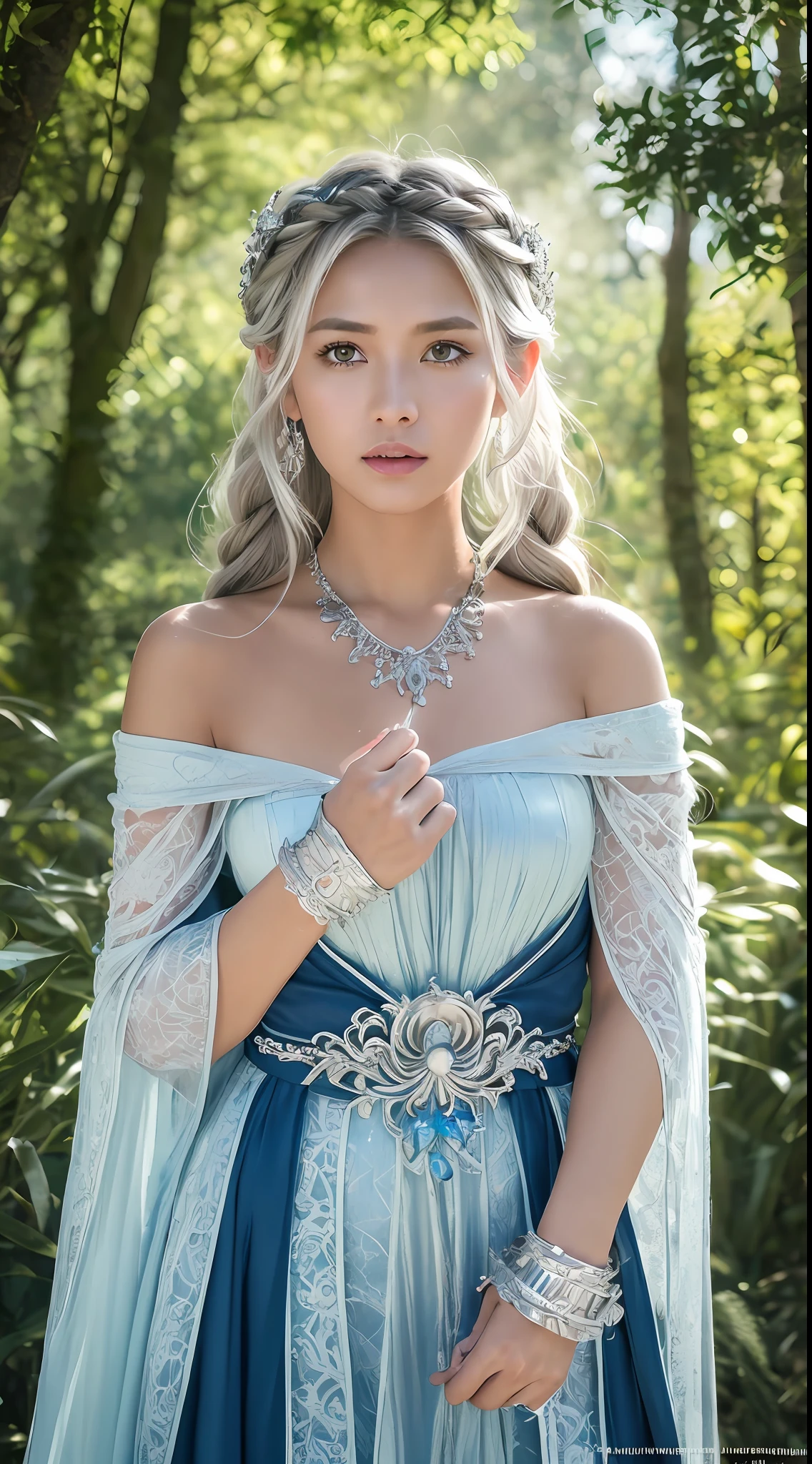 braided crown hairstyle, silver-white hair color, piercing icy blue eyes, fierce and ready-for-battle pose, mystical forest background, dual-wielding enchanted swords, armor with intricate patterns, medium shot angle, slow-motion camera movements, elven ear cuffs, silver necklace with a magical gemstone, leather gauntlets with engraved runes, flowing cape with ethereal patterns, surrounded by wisps of magical energy and ancient trees, rays of sunlight filtering through the foliage,((Hesti Purwadinata:1.5)), perfect very small-sized breasts, Indonesian, smoth and flawless skin, sundanese, wet skin, bushy pubic hair, ((tanned skin:1.5)),
(masterpiece:1.5),(photorealistic:1.5), RAW Photo, (best quality:1.5),(((award winning))),(ultra highres:1.5), 1200 dpi, (16K), ((HDR:1.5)), (vivid colors:1.3), Hyperrealism,((realistic face)), ultra-realistic, perfect face, Fujicolor, (Cinematic lighting) , (natural lighting:1.05), moody lighting, Hasselblad, 85mm, f/2.8, ((medium shoot:1.3)) , (focus on face) , (silhouette:1.0) , (illustration:1.3), (sharp focus:1.3), (sharp eyeliner, eyeshadow, detailed eyes:1.1), ((profesional shoot:1.5)), Cinematic still frame, movie still, 1200 dpi, cinematic, anamorphic, (silhouette:1.0) ,