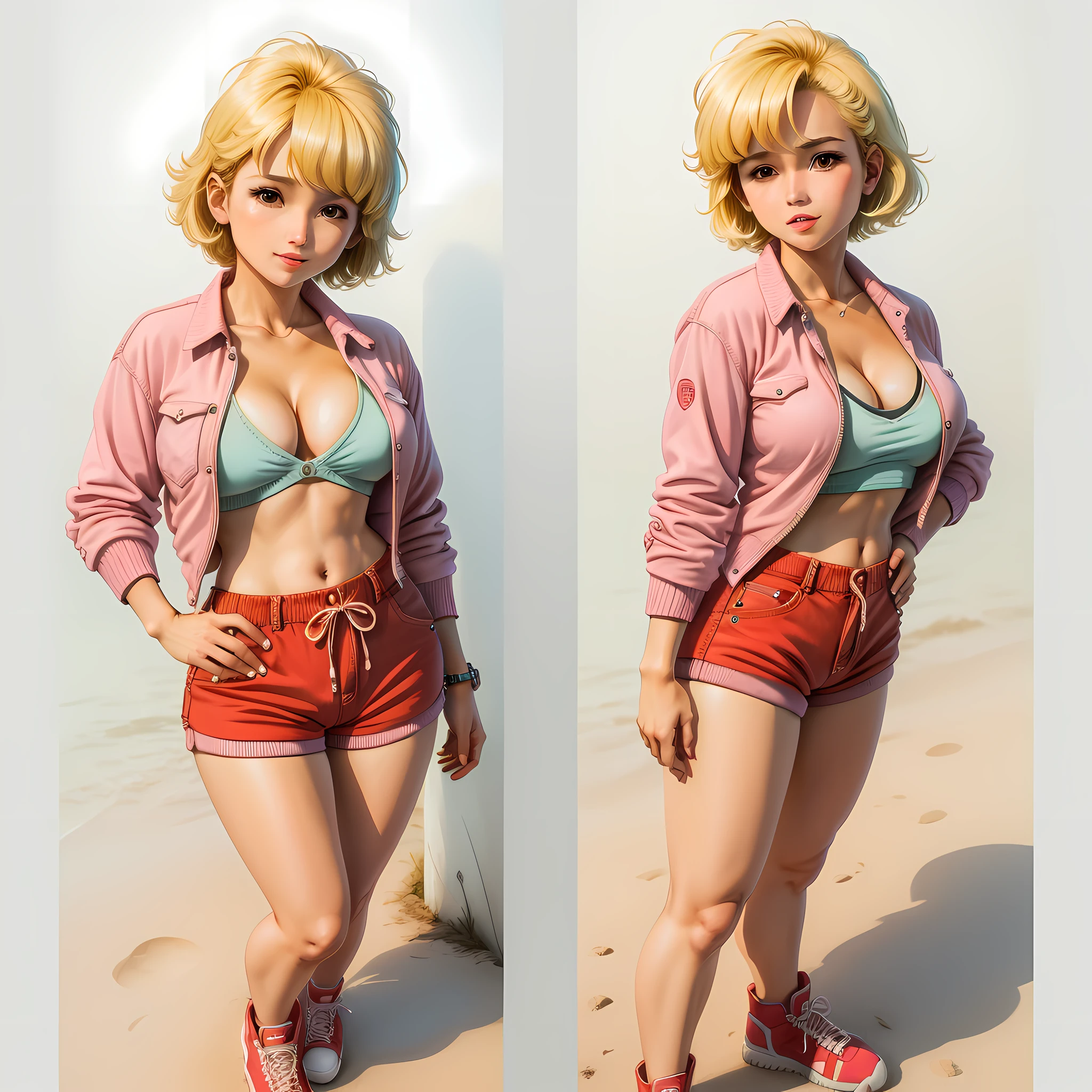 cowboy shot, Hori Kyouko, 1980s \(style\), 1girl, Horimiya, blonde hair, retro artstyle, short hair, solo, pink jumper suit, unbutton_shirt, (medium_breasts:1.2), medium_breasts, cleavage, full body shot, model pose, shoes visible, ass view, face view