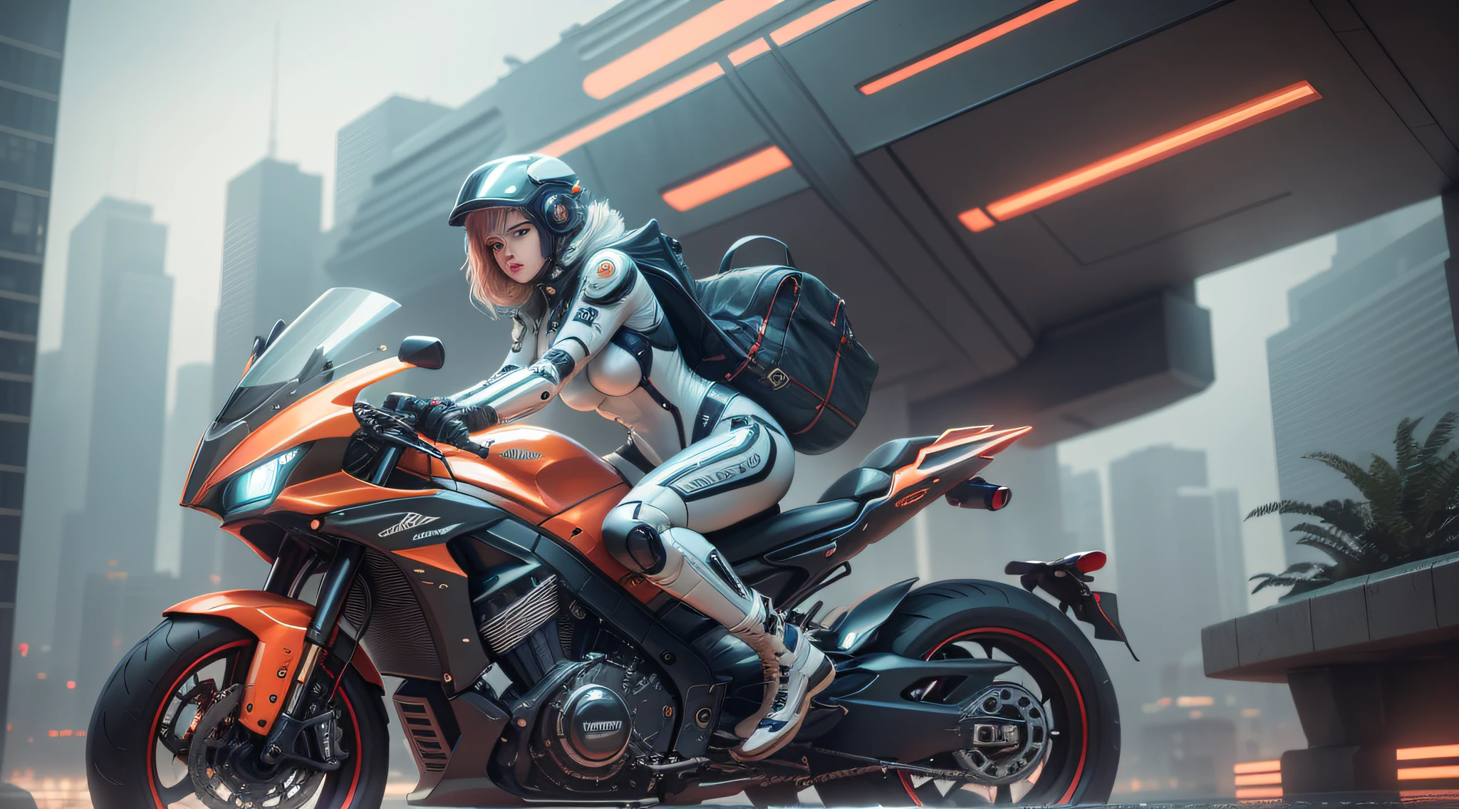 maximum quality, photorealism, 8k, film, high resolution, woman, 8k, perfect face, 8k, intricate details, bright eyes, intricate details, riding a futuristic flying motorcycle, 8k, with a laser gun on his back and spacesuit with neon lights, 8k, next to a giant red, silver and gold robot, maximum quality, 8k, background of a futuristic city,  sinuous buildings, metal, glass, concrete, dramatic light, fog, rain, water, view from below, general plan, medium depth of field, lomography, neon, maximum quality, beautiful, masterpiece, photorealism, 8k, realistic texture high resolution, film grain, film, cinematic