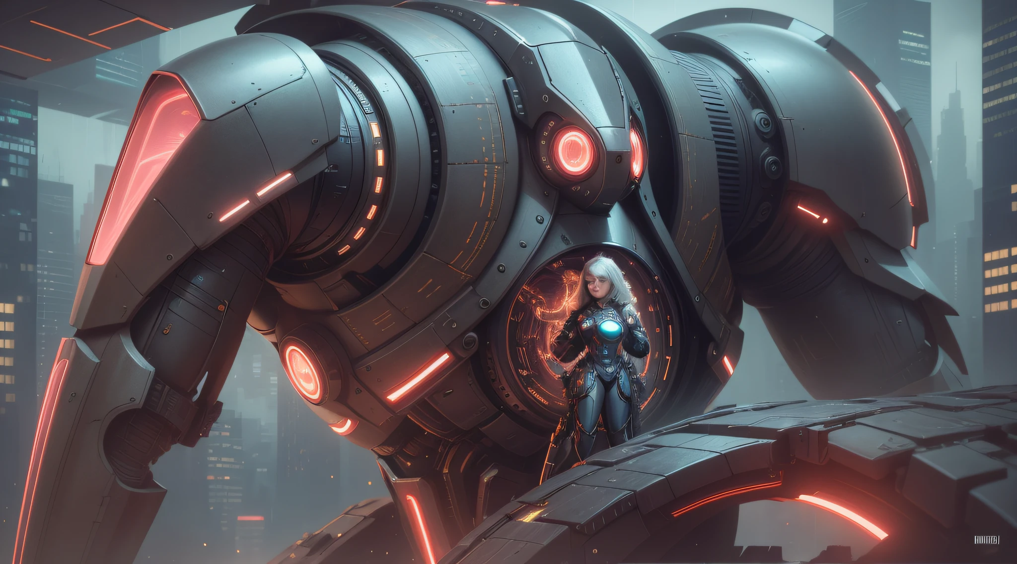 maximum quality, photorealism, 8k, film, high resolution, woman, 8k, perfect face, 8k, intricate details, bright eyes, intricate details, riding a futuristic flying motorcycle, 8k, with a laser gun on his back and spacesuit with neon lights, 8k, next to a giant red, silver and gold robot, maximum quality, 8k, background of a futuristic city, sinuous buildings, metal, glass, concrete, dramatic light, fog, rain, water, view from below, general plan, medium depth of field, lomography, neon, maximum quality, beautiful, masterpiece, photorealism, 8k, realistic texture high resolution, film grain, film, cinematic