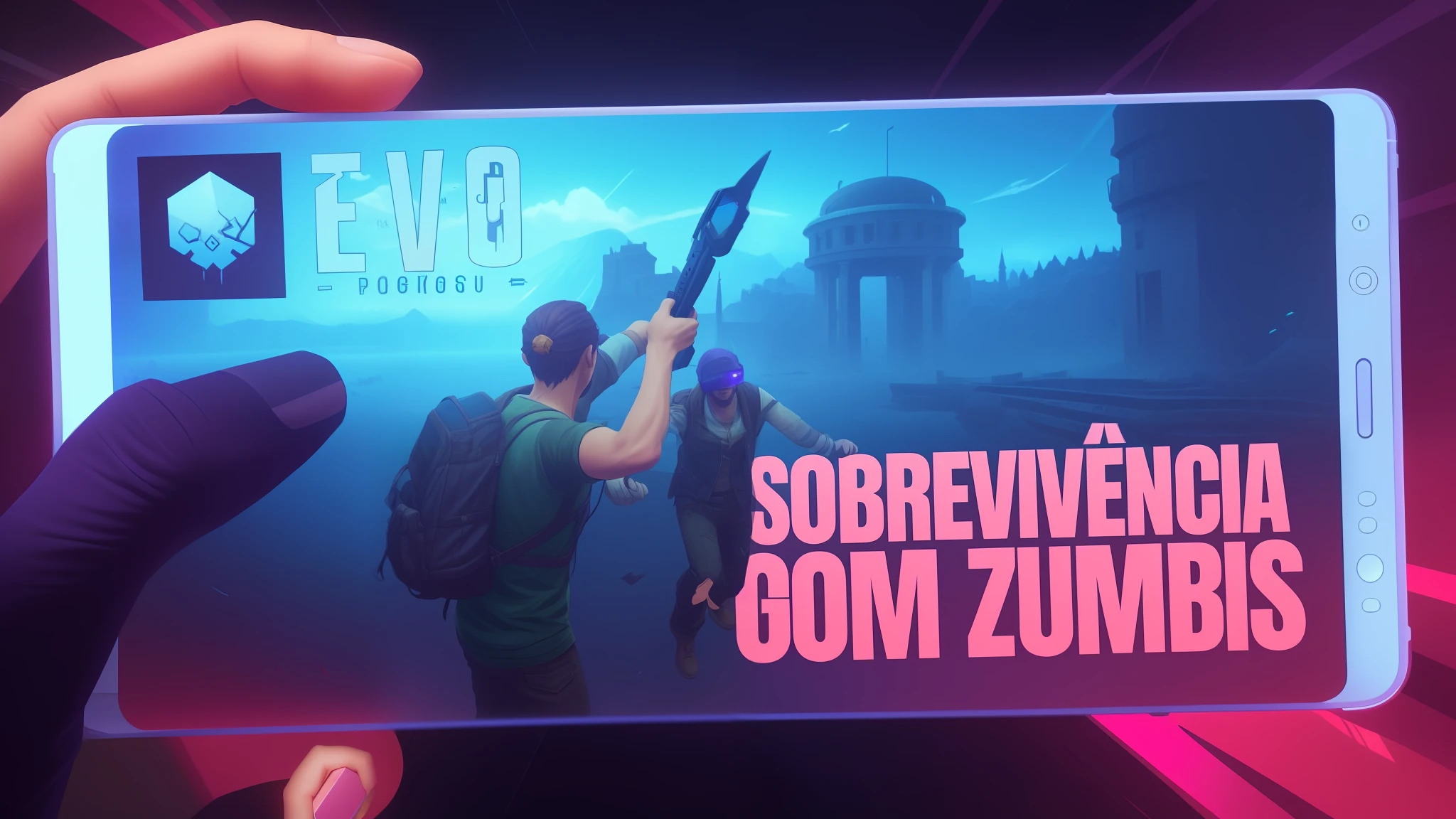 a person holding a phone with a picture of two people on it, mmo, epic games, description, loadscreen”, fornite, braavos, fov 90 degrees, fov 9 0 degrees, 7 days to die zombie, 2050, neosvr!!!, nova, epic, epic, gameplay, gameplay video, 2070