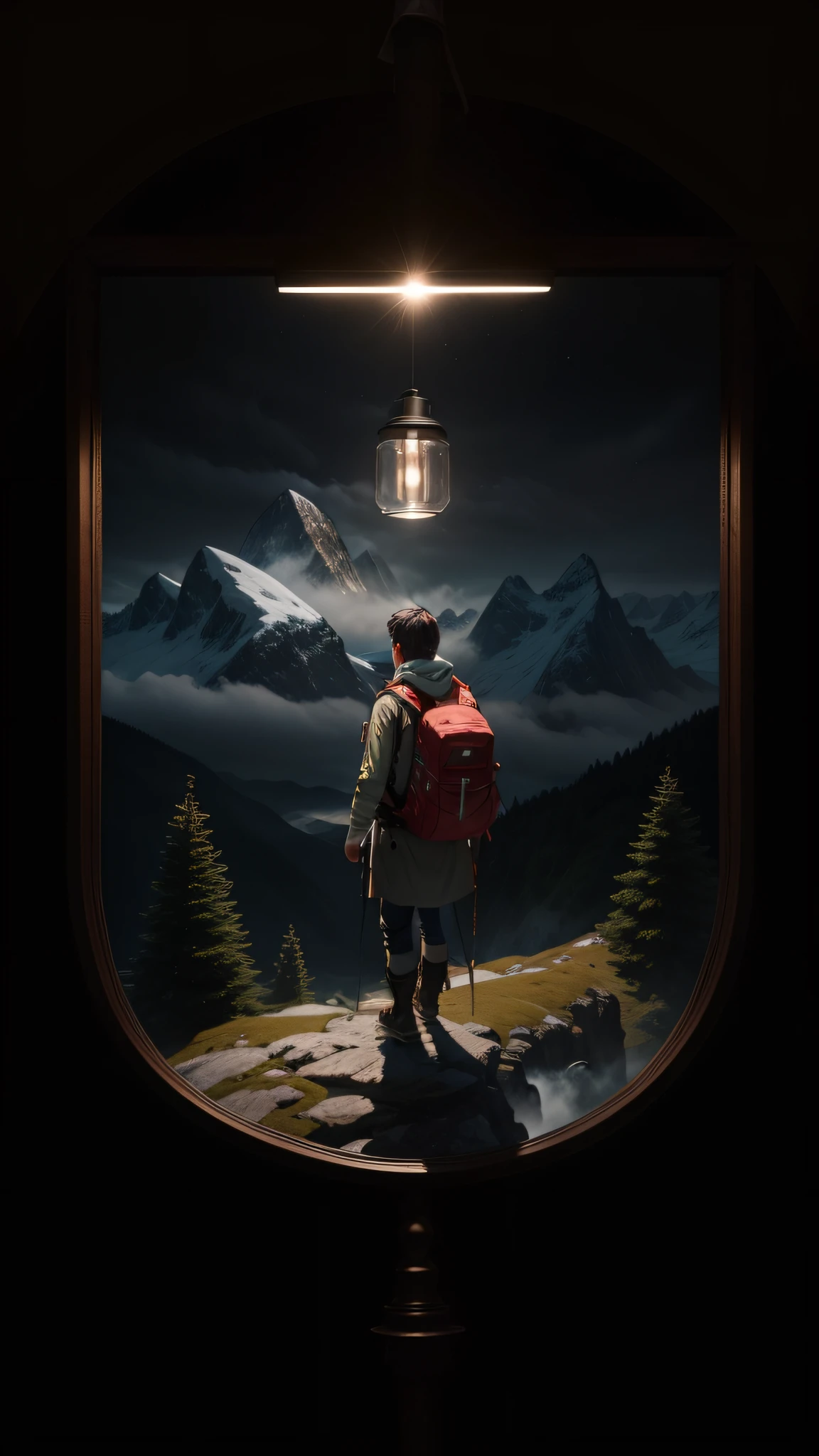 "Young and adventurous mountaineer with backpack on his back, stunning mountain view, under strong lighting, archipelago of floating clouds, dense foliage, precise depth of field, ultra sharp details, strong contrast." --auto --s2
