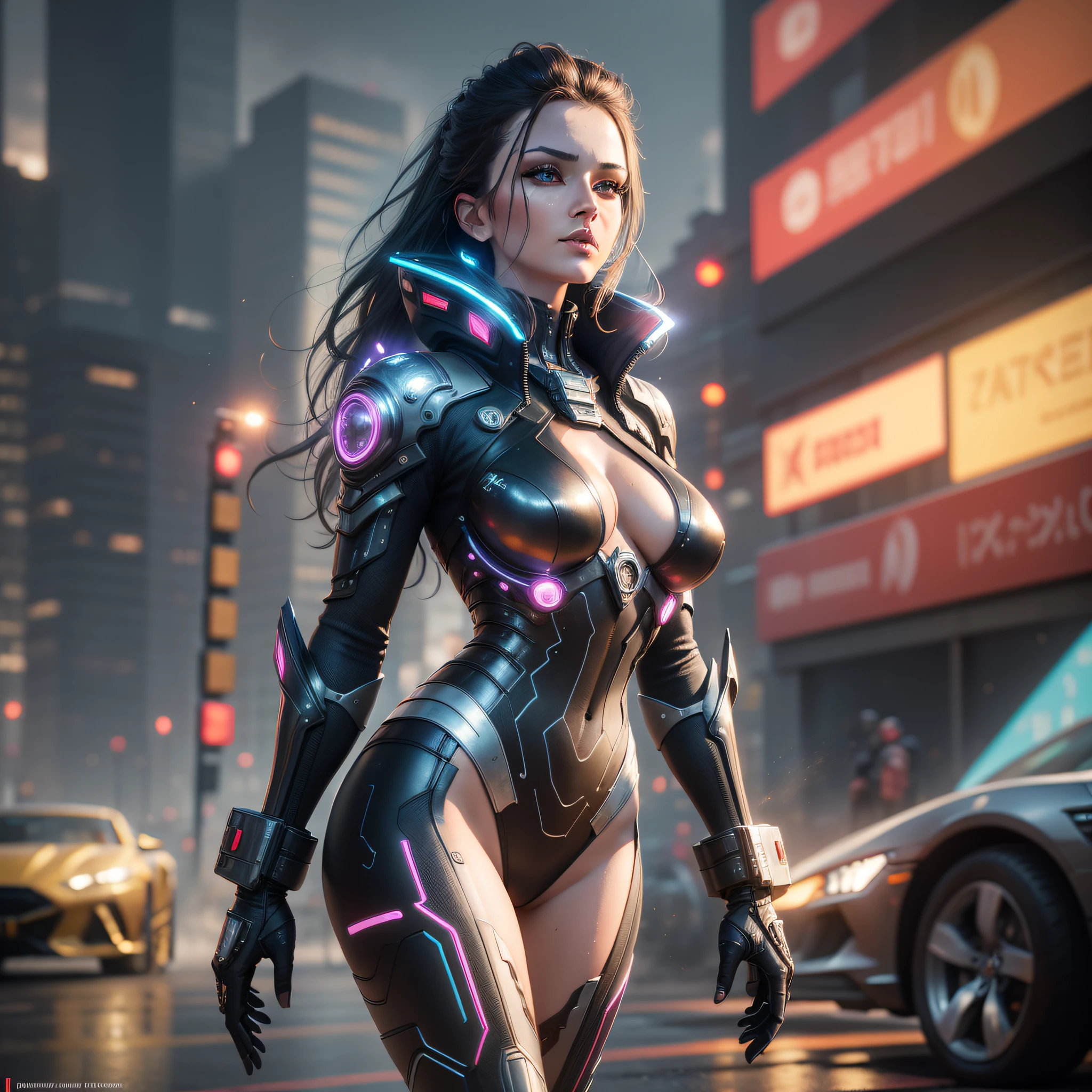 ((best quality)), ((masterpiece)), ((hyperrealistic)),((photorealistic)),(HDR10+),((intricate details)),(whole body)walking,((extremely beautiful young mature woman)),cyber punk perssonage,(wonderful body)(body and face with cybernetic implants),seductive look,ultra detailed skin such that pores become visible,urban environment,pedestrians walking around,cyber punk city,wet ground,smoke,fire particles in the air, flying dust,cyber punk.neon retrofuturistic cars, (8k texture with scratches: 1.2), , hdr, sharp focus, cinematic, trend in artstation, sharp focus, studio photo, intricate detail, very detailed eye, detailed, illustration, very detailed,(ray tracing), sharp focus, digital rendering, professional, 8k, best masterpiece in the world, rich in colors, unreal engine 5, extremely detailed, masterpiece, absurdities,light Lens flare,  realistic photo, RAW photo, TanvirTamim, high quality, high resolution, sharp focus, extremely detailed, cinematic lighting, 8k uhd, nikon d850 film photography,