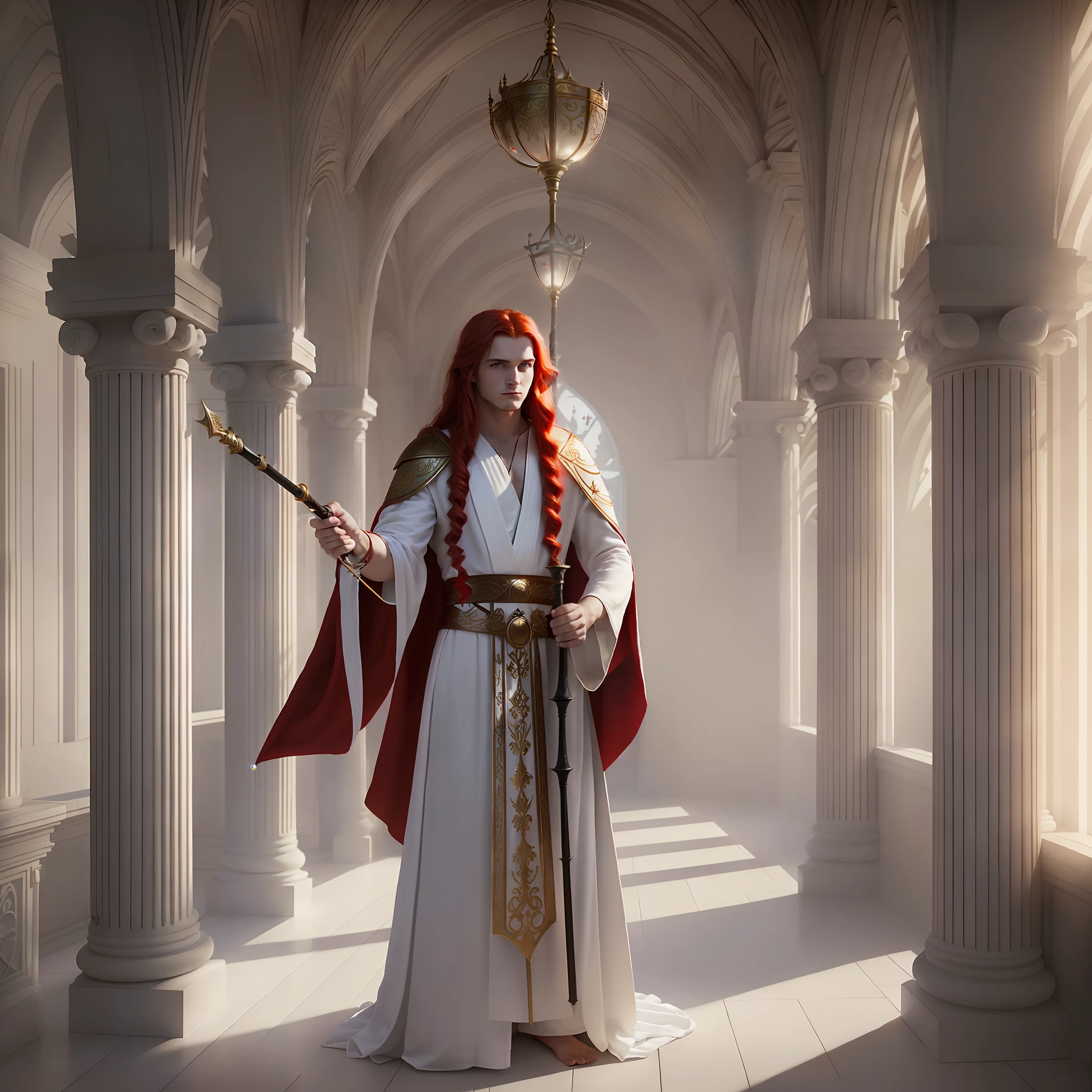 (masterpies, best quality, deep realism, ultra-detailed, best lighting, dark fantasy),(a young man with long red hair in a white robe holding a magic staff),(room with columns),(emphasized mystical element),(perhaps with a little bit of mysticism in the background)