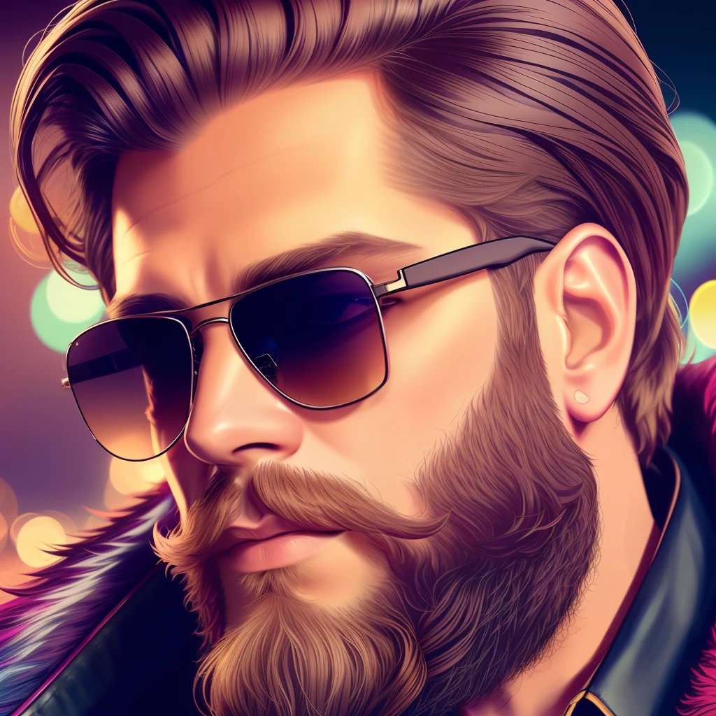 Men in sunglasses and a beautiful beard, hyperdetailed, cinematic, warm lights, complex details, hyperrealistic, dark background, (soft colors:1.38), (neutral colors:1.2 ) --auto --s2