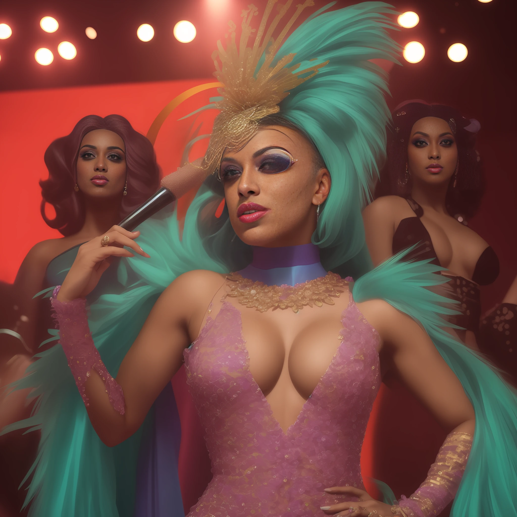 a woman in a drag queen costume with a microphone and other women, drag, ru paul\'s drag race, drag queen, patron saint of 🛸🌈👩🏾, cardi b, doja cat, tv still, by Dan Frazier, by Elena Guro, taken in the early 2020s, by Jeka Kemp, by Jeanna bauck