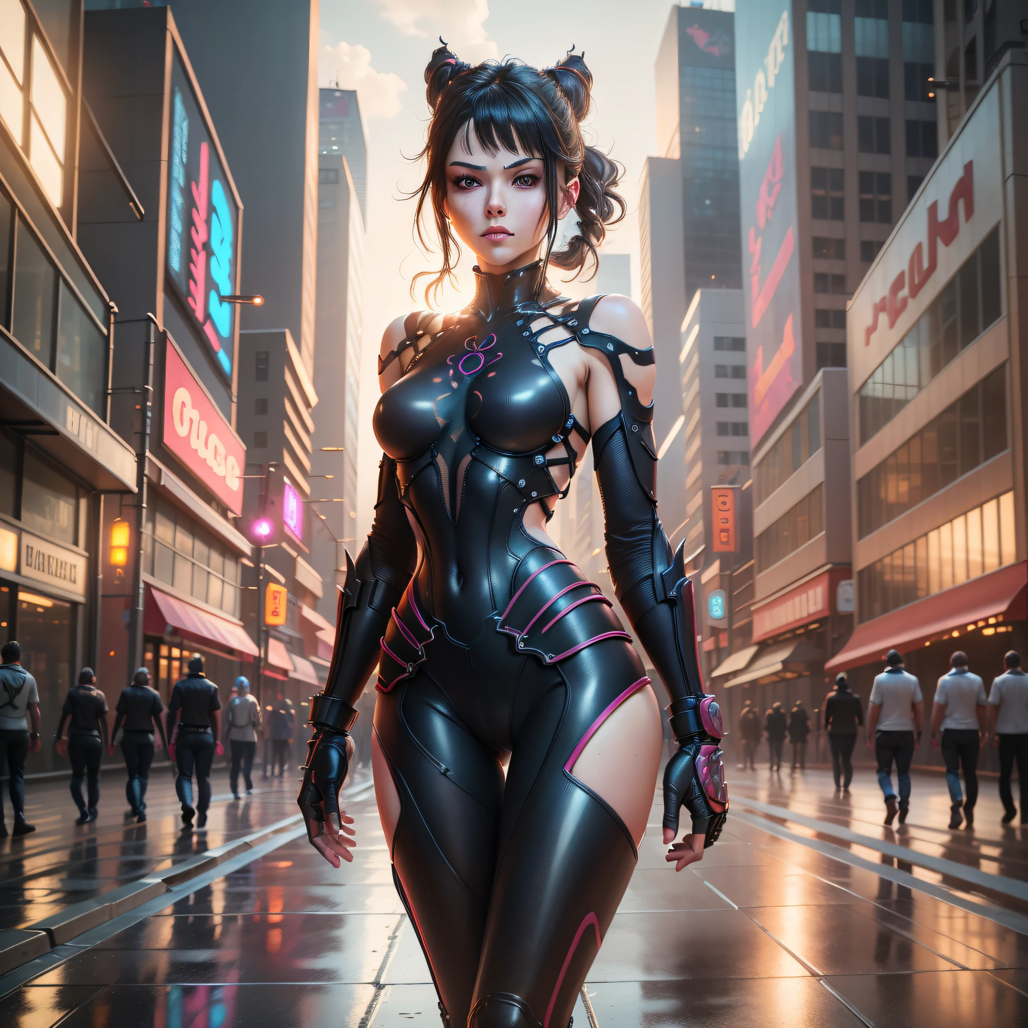 ((best quality)), ((masterpiece)), ((hyperrealistic)),((photorealistic)),(HDR10+),((intricate details)),(whole body)walking,((extremely beautiful young mature woman)),cyber punk perssonage,(wonderful body)(body and face with cybernetic implants),seductive look,ultra detailed skin such that pores become visible,urban environment,pedestrians walking around,cyber punk city,wet ground,smoke,fire particles in the air, flying dust,cyber punk.neon retrofuturistic cars, (8k texture with scratches: 1.2), , hdr, sharp focus, cinematic, trend in artstation, sharp focus, studio photo, intricate detail, very detailed eye, detailed, illustration, very detailed,(ray tracing), sharp focus, digital rendering, professional, 8k, best masterpiece in the world, rich in colors, unreal engine 5, extremely detailed, masterpiece, absurdities,light Lens flare,  realistic photo, RAW photo, TanvirTamim, high quality, high resolution, sharp focus, extremely detailed, cinematic lighting, 8k uhd, nikon d850 film photography,