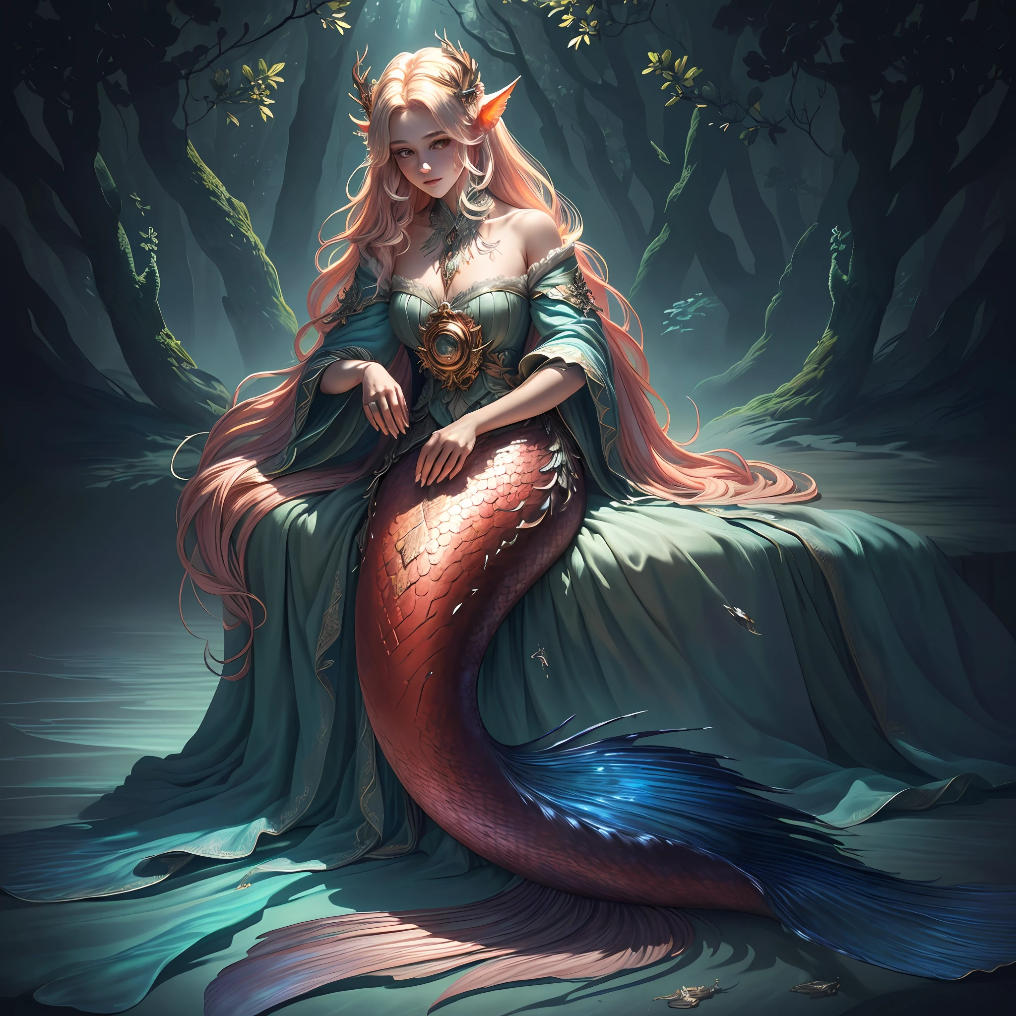 Masterpiece, best quality, (very detailed CG unified 8k wallpaper), (best quality), (best illustration), (best shadow), realistic lighting, full body shot, mermaid portrait, fish fin ears, intricate, elegant, very detailed, handsome, very detailed, claws, in the forest, blood, rags, beautiful face, dreamy, medieval, beautiful detailed light