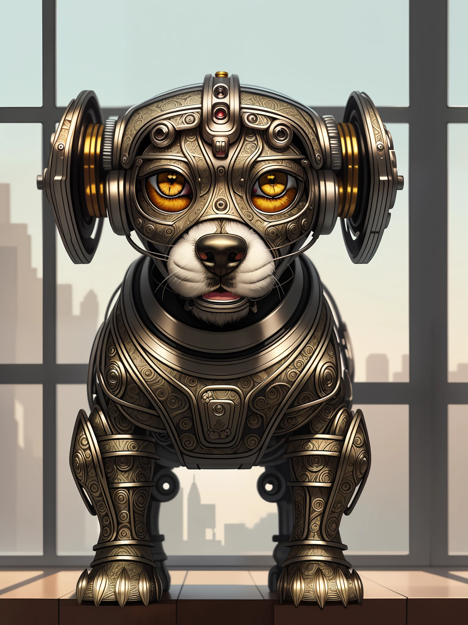 a cute puppy made out of metal, (cyborg:1.1), ([tail | detailed wire]:1.3), (intricate details), hdr, (intricate details, hyperdetailed:1.2), cinematic shot, vignette, centered