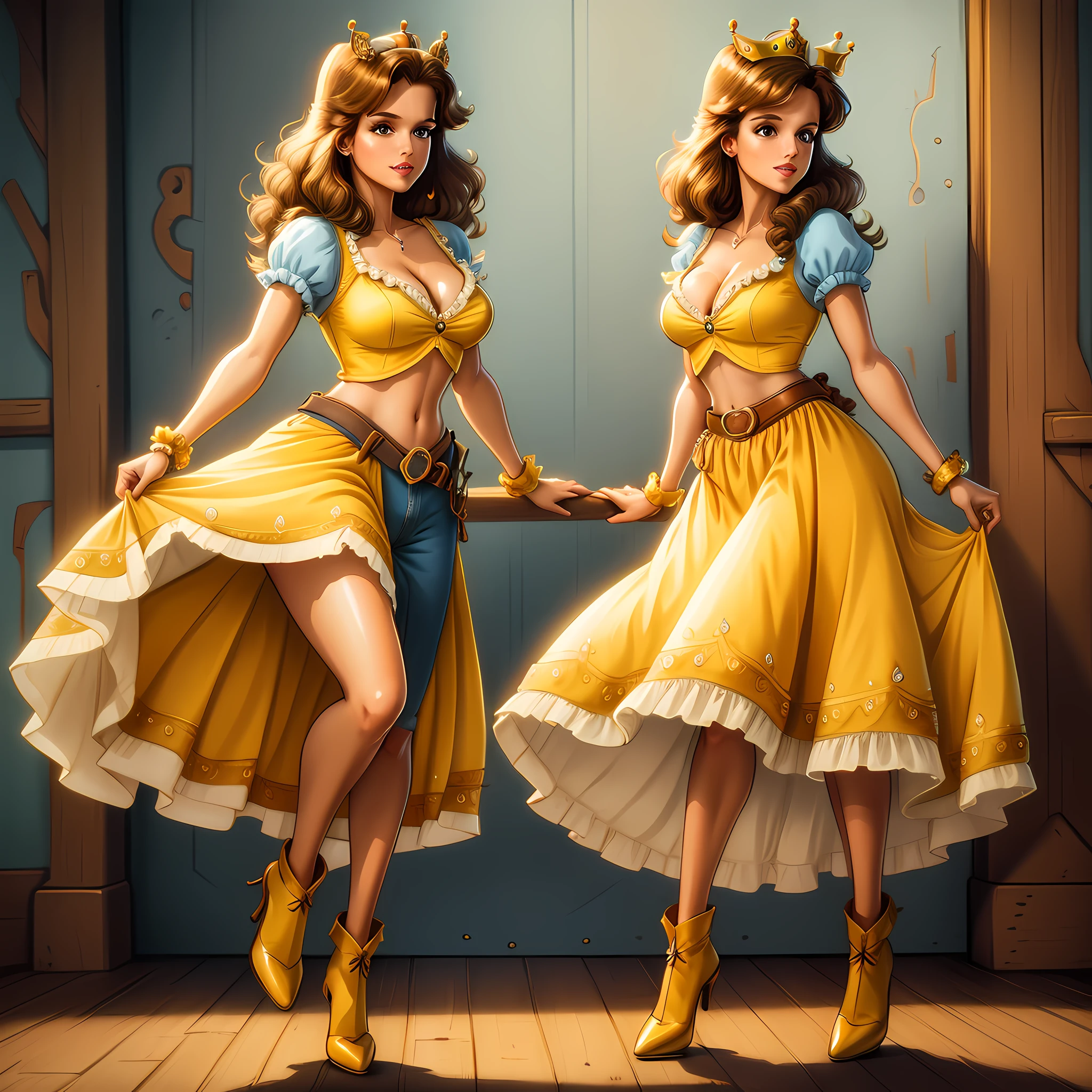 cowboy shot, Princess Belle, 1980s \(style\), 1girl, long yellow dress, brown hair, retro artstyle, short hair, solo, white bra and panties, unbutton_shirt, (medium_breasts:1.2), medium_breasts, cleavage, full body shot, model pose, shoes visible, ass view, face view, Disney, crown, Belle Character