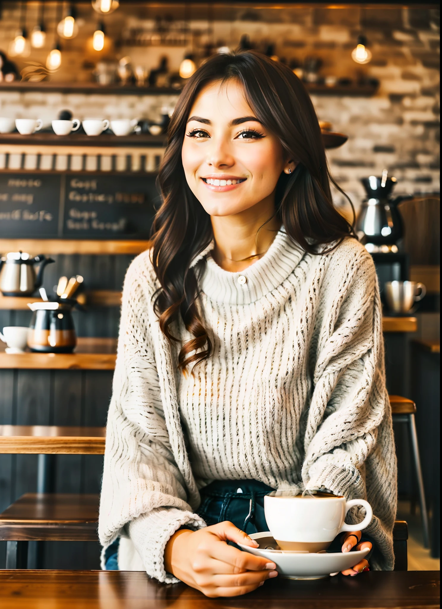 beautiful woman sitting in traditional coffee shop, drinking coffee, moody coffee shop, modern moody coffee shop background, woman looking cheerful https://s.mj.run/3zU6-2D94Po --ar 2:3