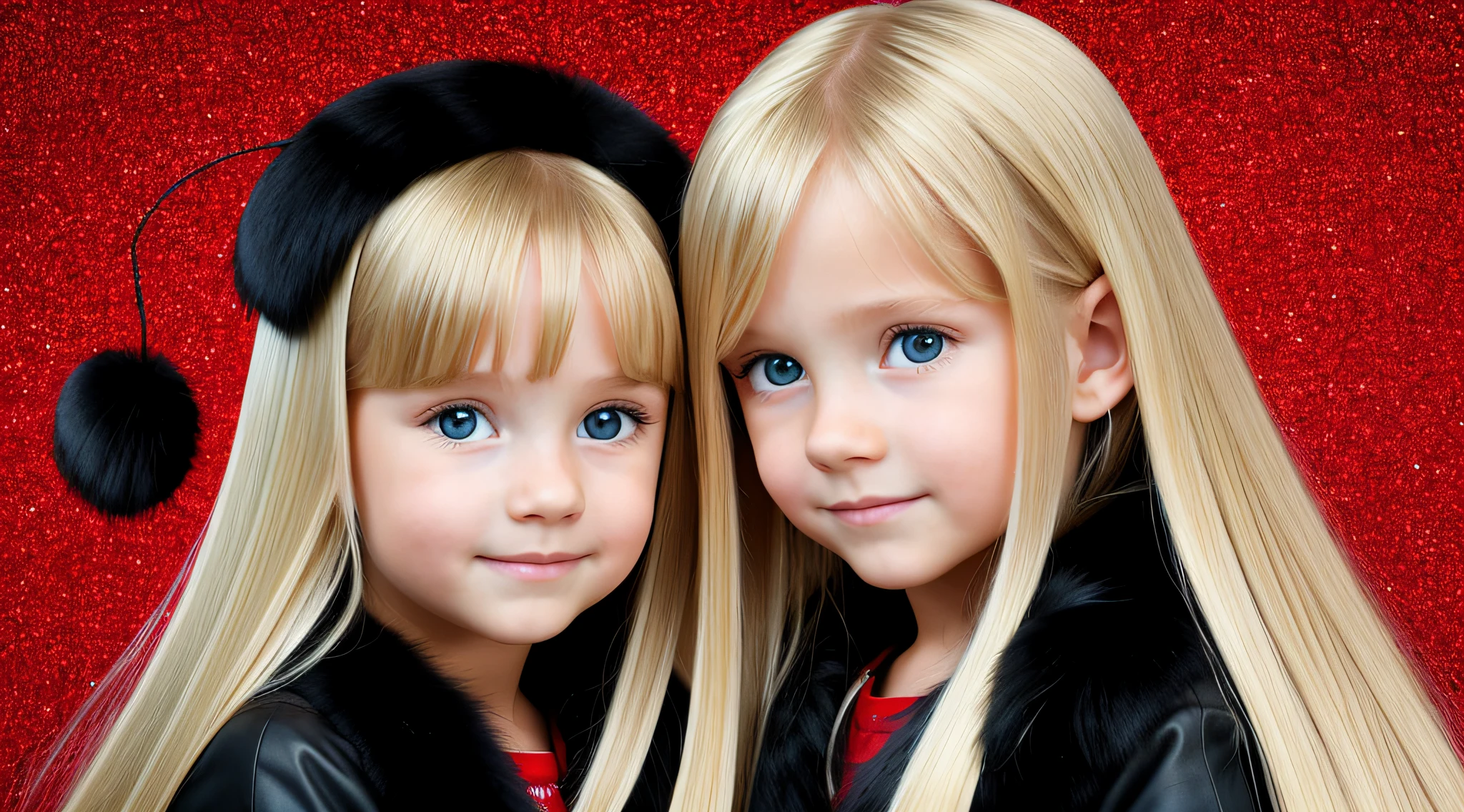 CHILDREN GIRLS, BLONDES WITH VERY LONG STRAIGHT HAIR, BLACK FUR COAT, RED BACKGROUND.