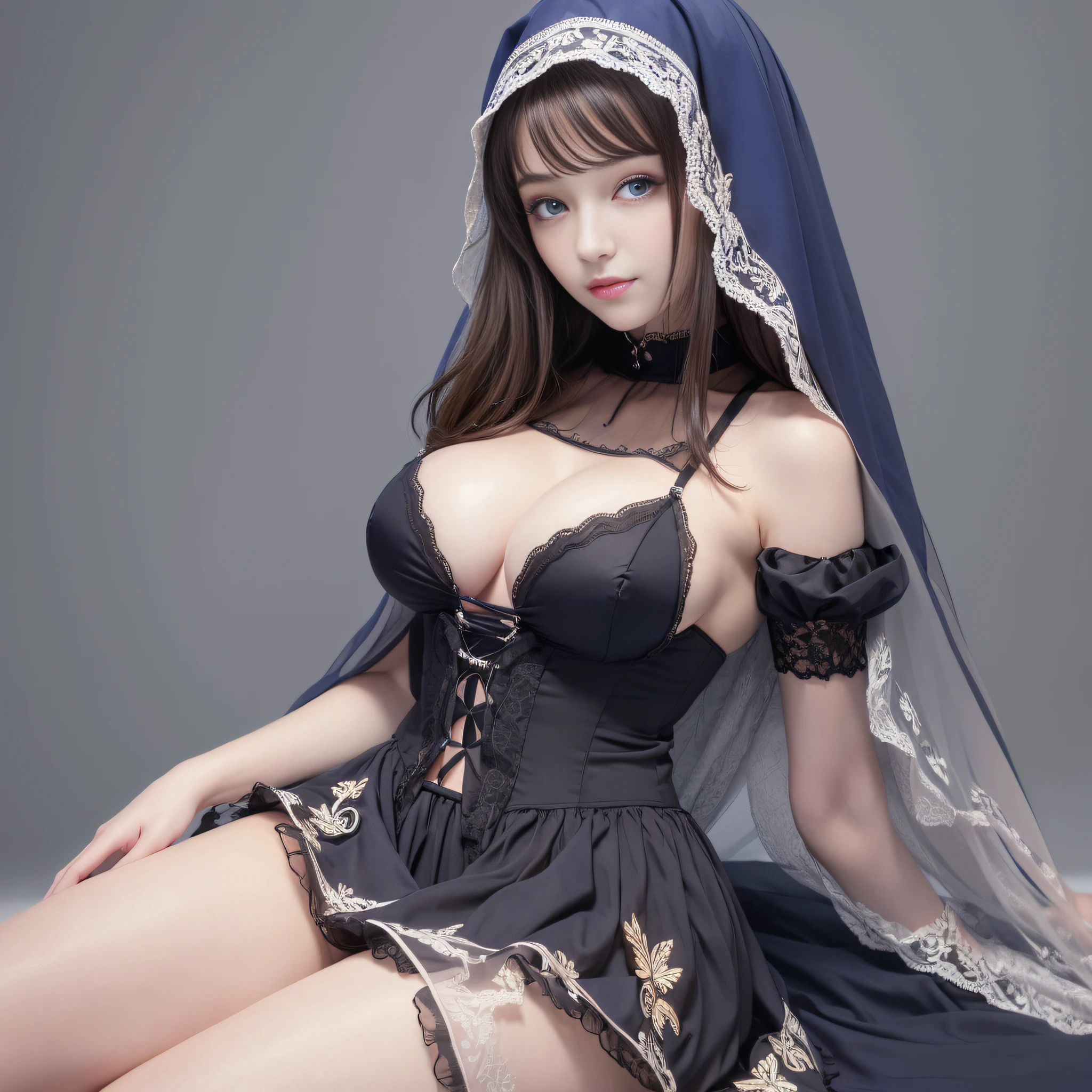 masterpiece, best quality, aponia_outfit, 1girl, solo, looking at viewer, breasts, white background, blue eyes, large breasts, simple background, smile, sitting, nun, veil, black dress, breast curtains, detached sleeves, long sleeves, frills, pelvic curtain, sideless outfit, butterfly dress