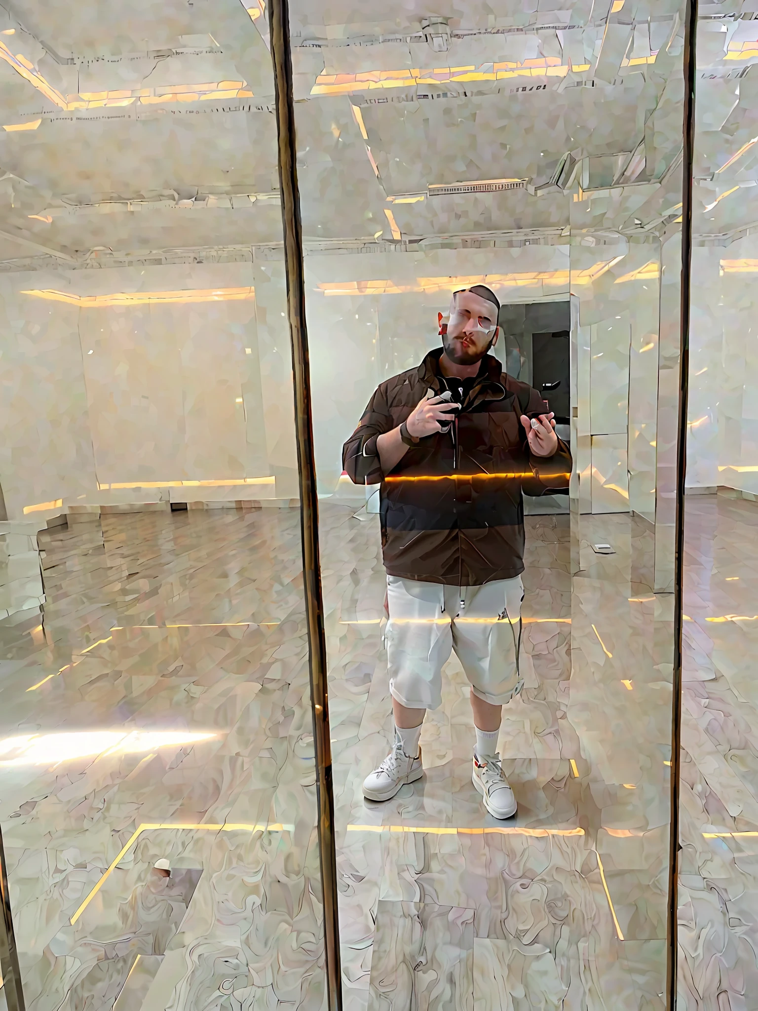 there is a man standing in a room with a mirror, reflected in giant mirror, standing in front of a mirror, demna gvasalia, big mirrors, eric cartman in real life, inside in a glass box, mirror and glass surfaces, in the middle of an empty room, person made out of glass, photo from 2022